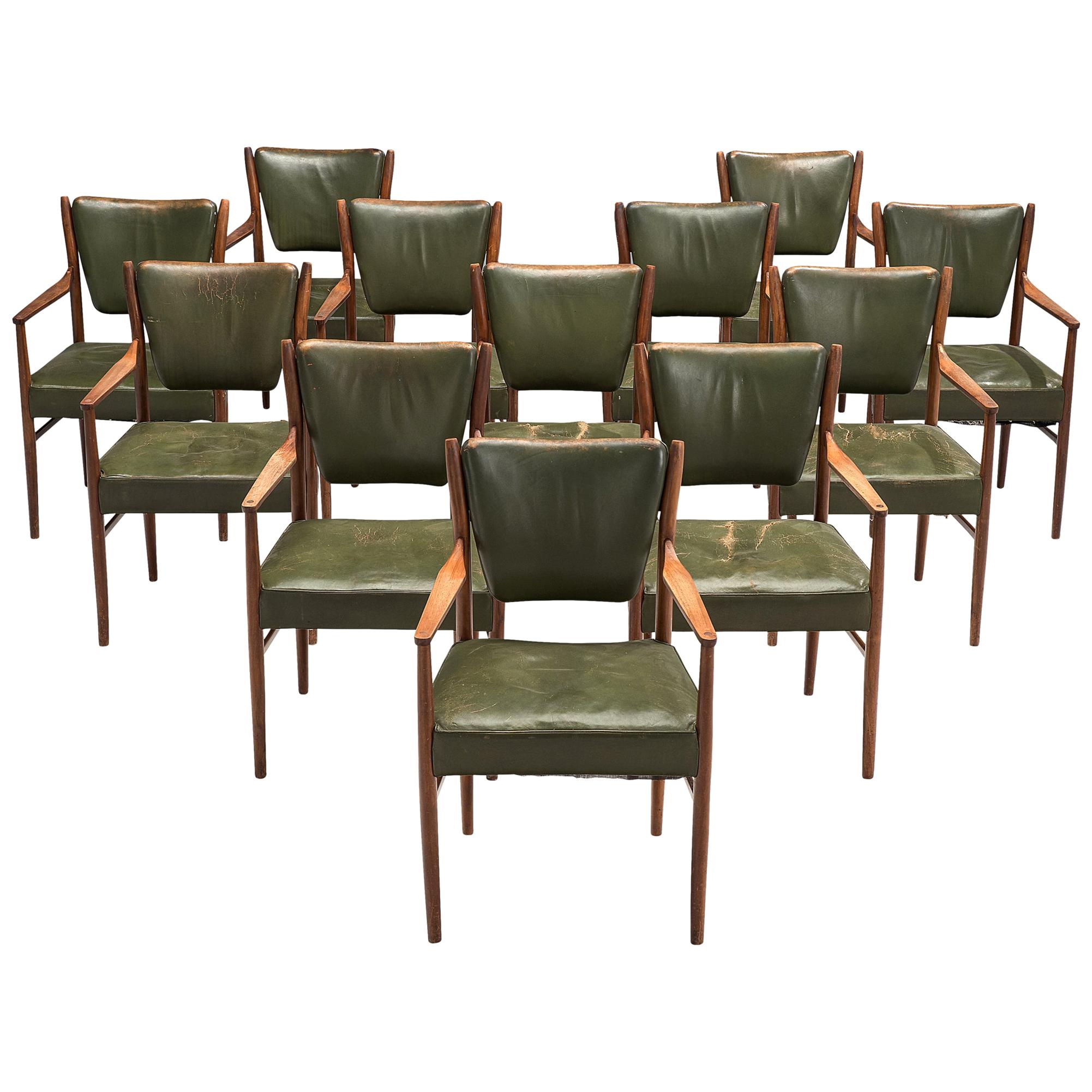 Danish Set Of Twelve Dining Chairs In Olive Green Leather For Sale At 1stdibs