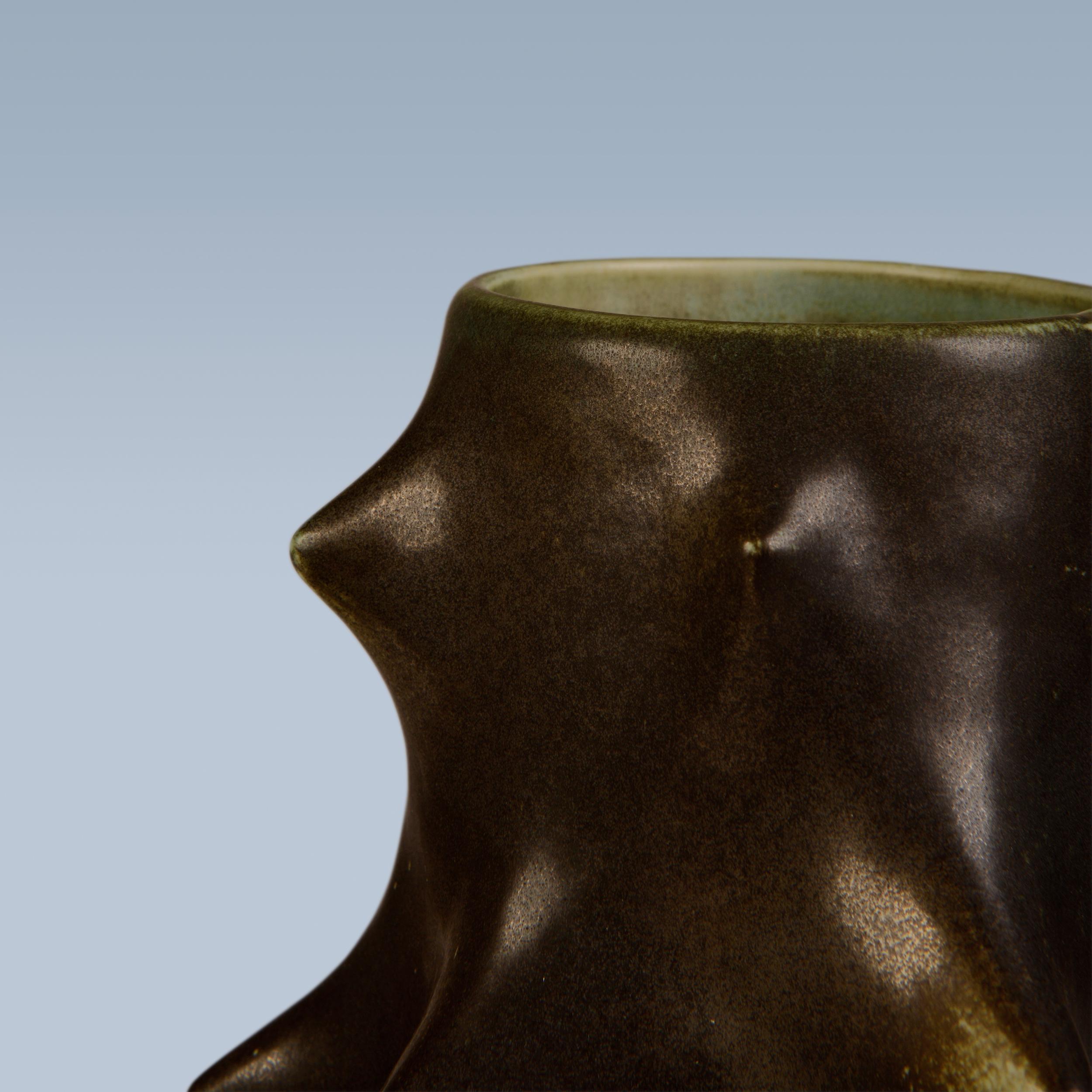 Scandinavian Modern Danish set of two dark green stoneware vases with cactus like thorns For Sale