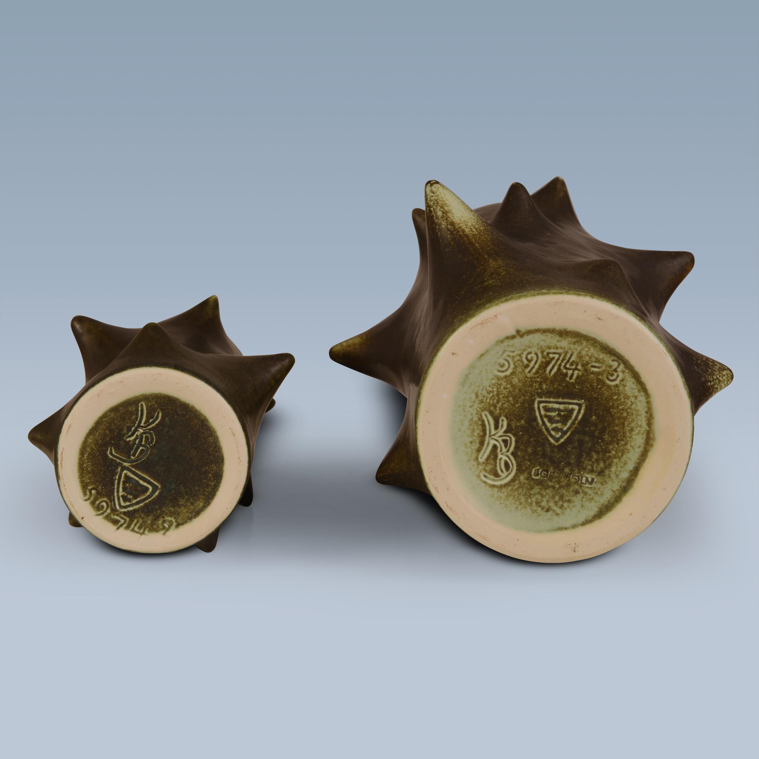 Stoneware Danish set of two dark green stoneware vases with cactus like thorns For Sale