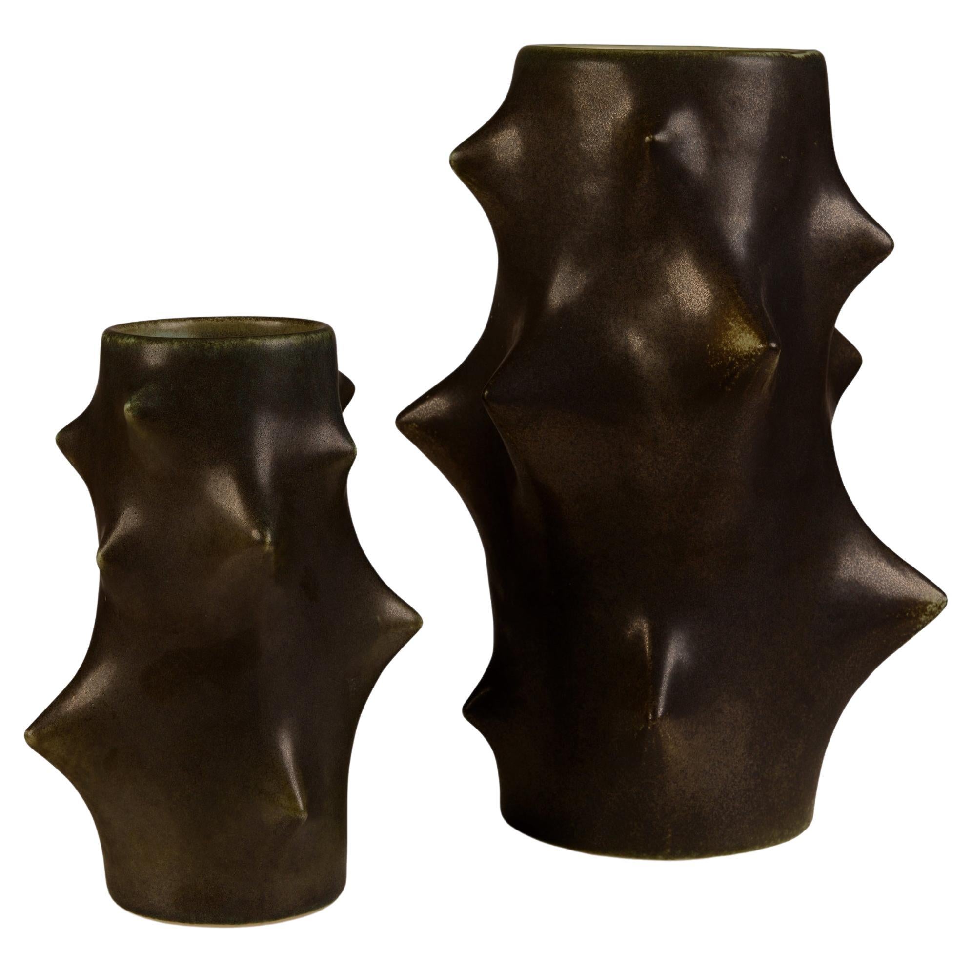 Danish set of two dark green stoneware vases with cactus like thorns