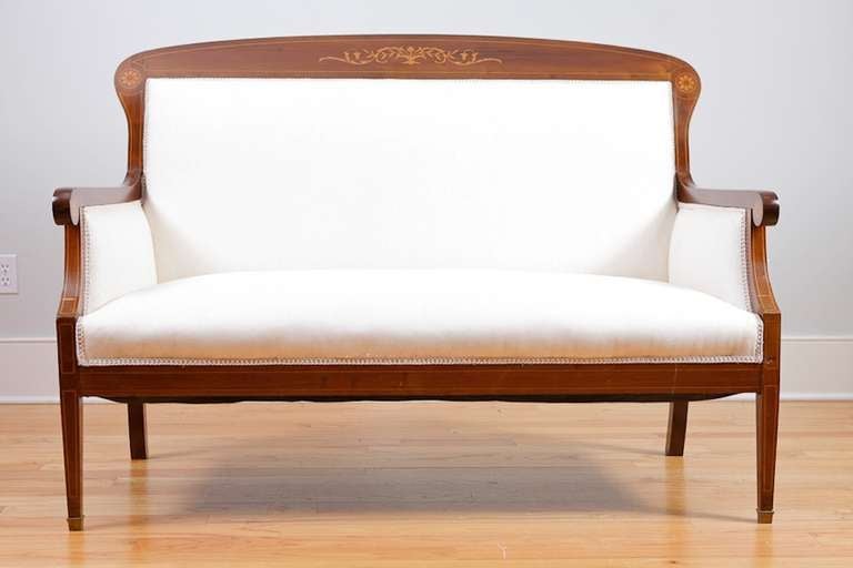 Neoclassical Revival Settee Sofa & Pair of Bergères in Mahogany w/ Satinwood Inlays, Denmark, c. 1900