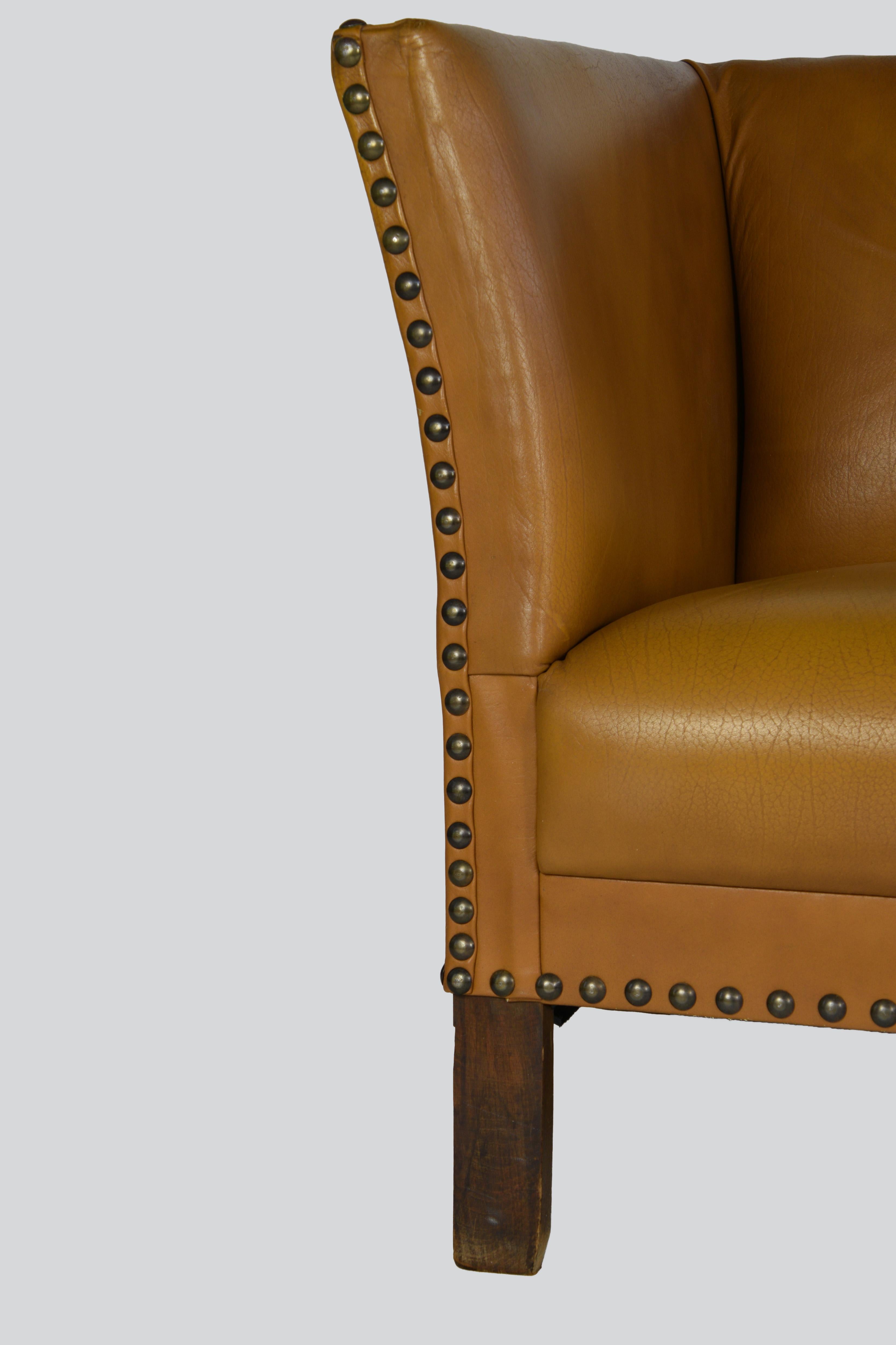 Mid-20th Century Danish Settee in Caramel Nappa, Brass Nailed Upholstery, Made in Denmark in 1940
