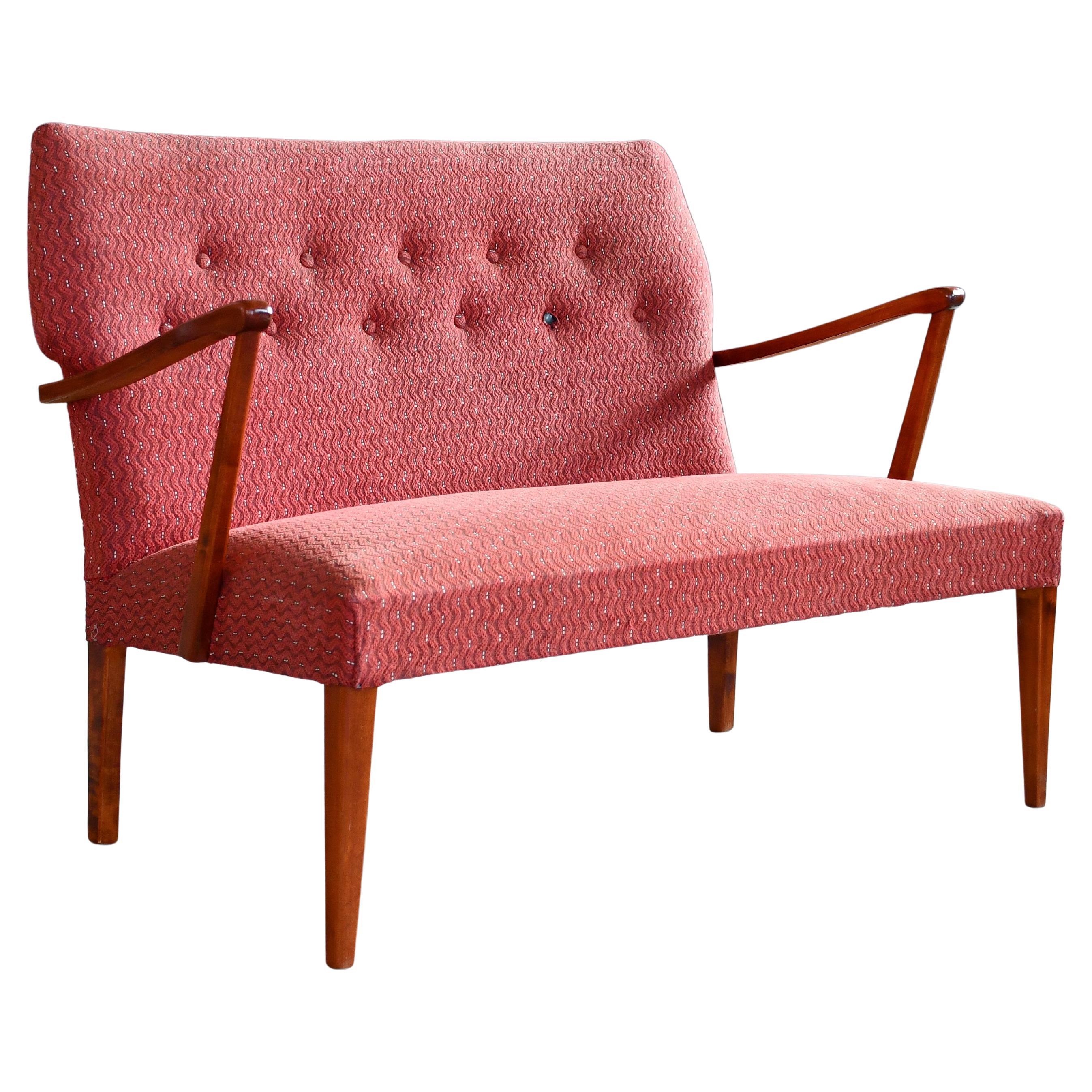 Danish Settee with Open Wooden Armrests in Amber Colored Beech, ca 1950 For Sale