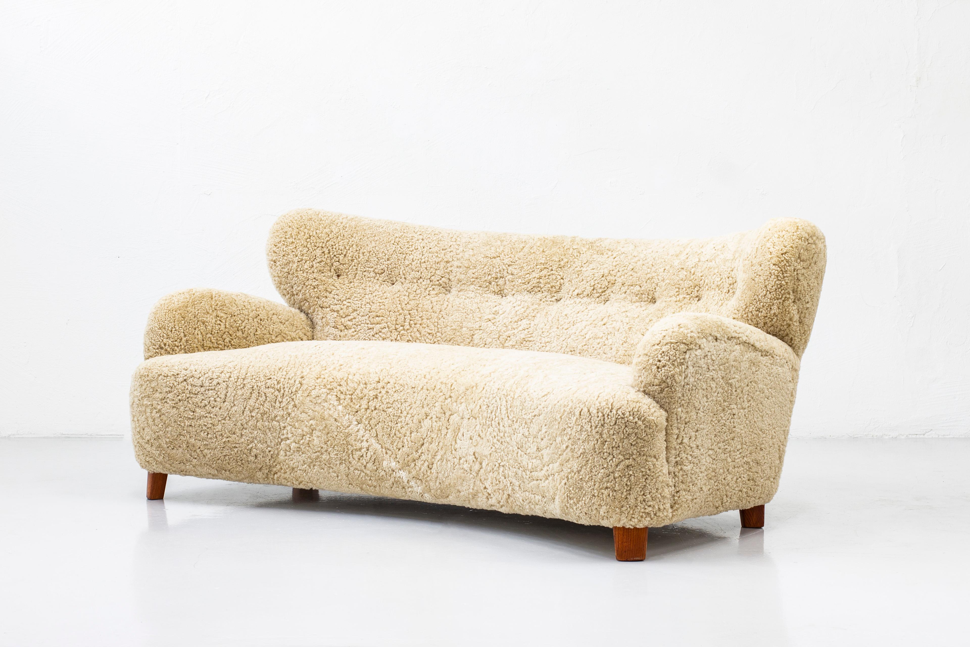 Scandinavian Modern Danish Sheep Skin Sofa Attributed to Flemming Lassen, Denmark, 1940s