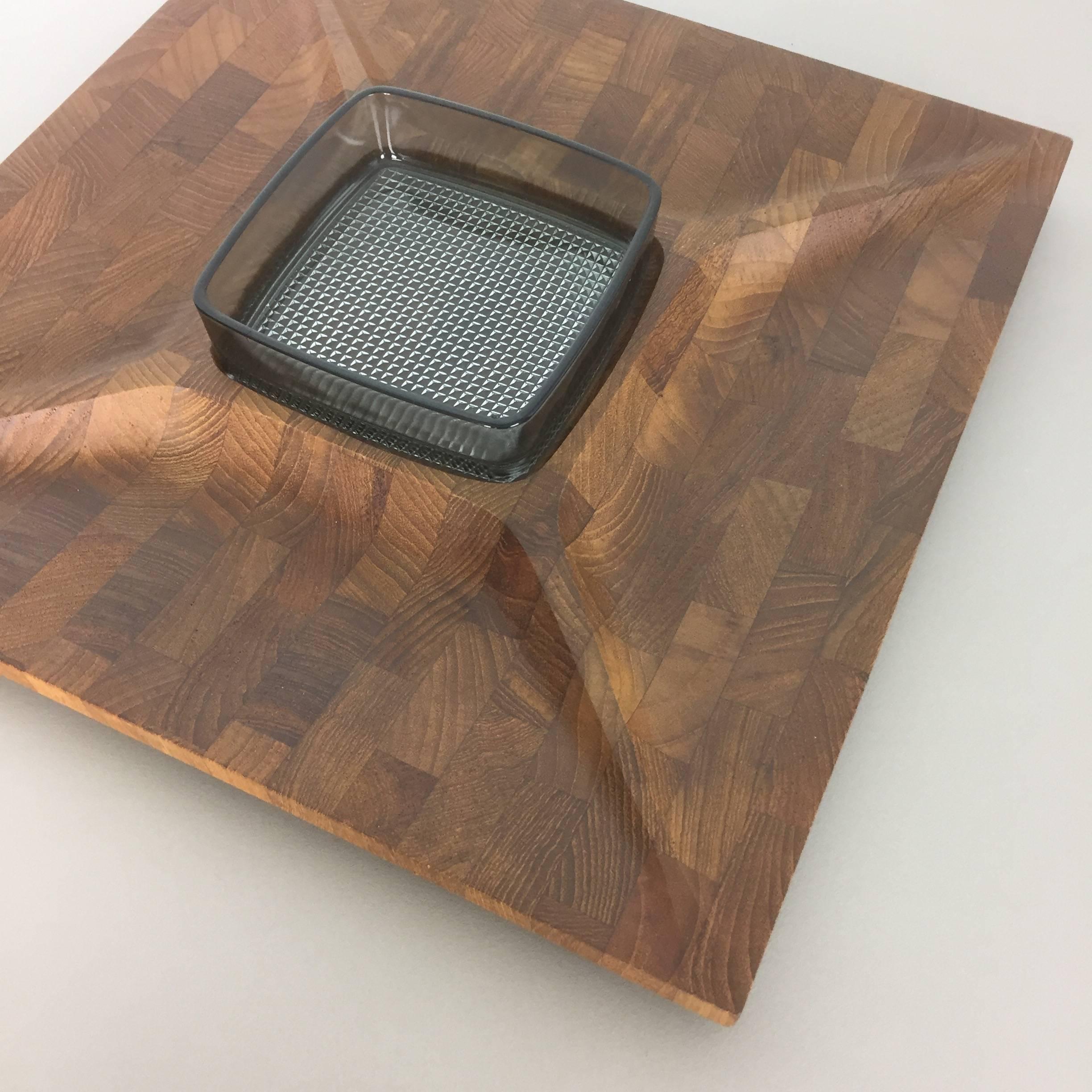 Glass Danish Shell Bowl in Solid Teak Wood, by Digsmed Made in Denmark, 1960s For Sale