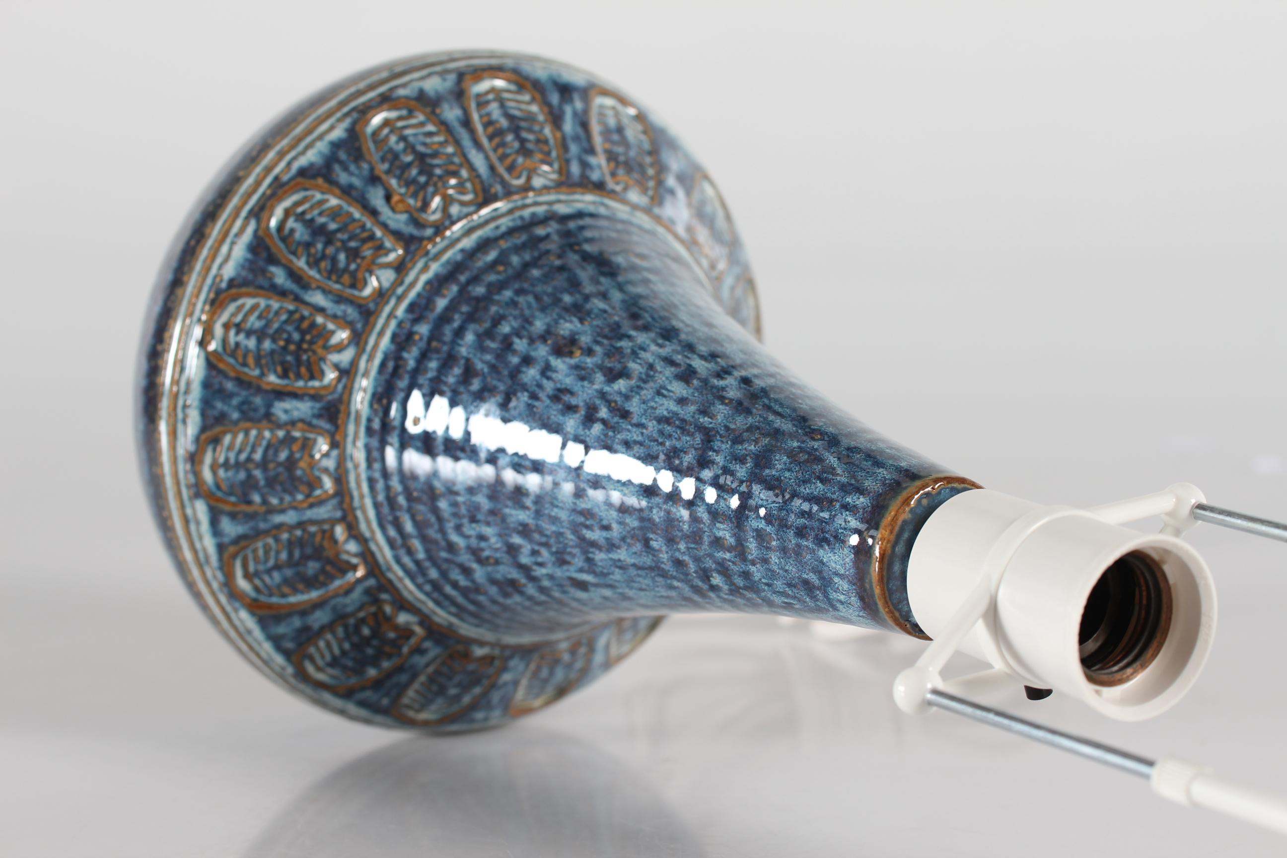 Danish Søholm Stoneware Table Lamp Blue Glaze Leaf Motive by Einar Johansen 60s 6