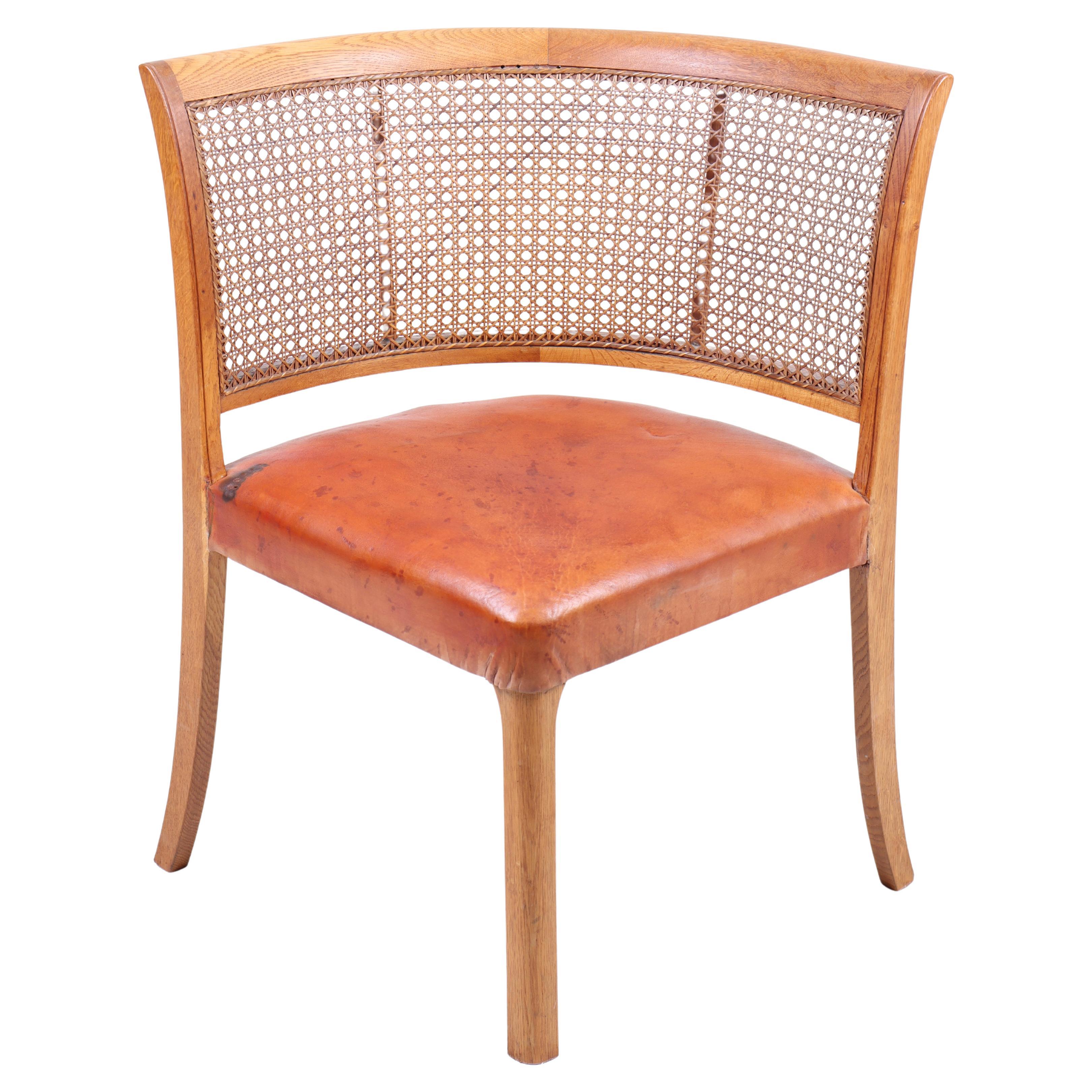 Danish Side Chair in Oak and Cognac Leather, 1940s For Sale