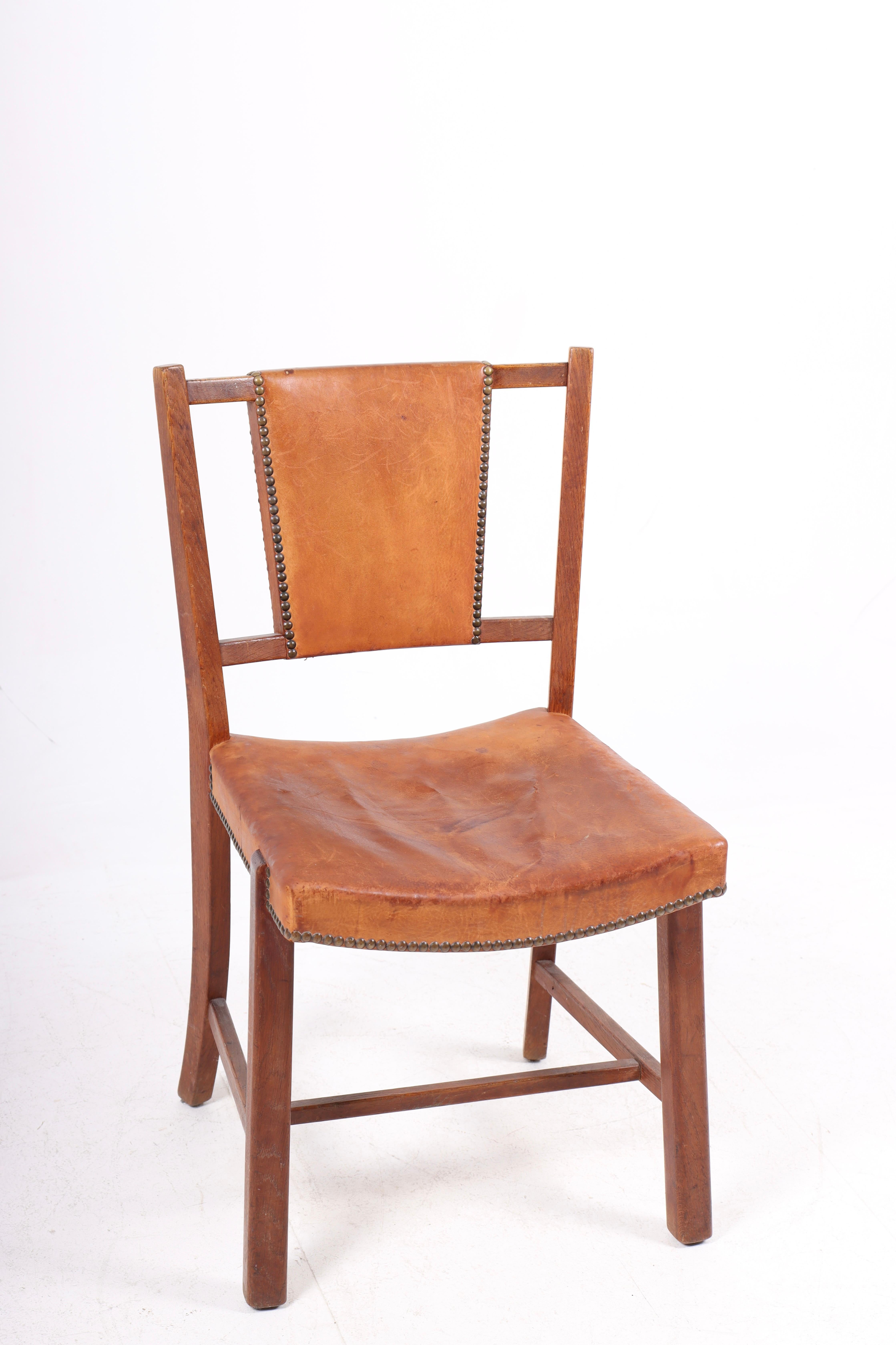 Scandinavian Modern Danish Side Chair in Patinated Leather, 1940s For Sale