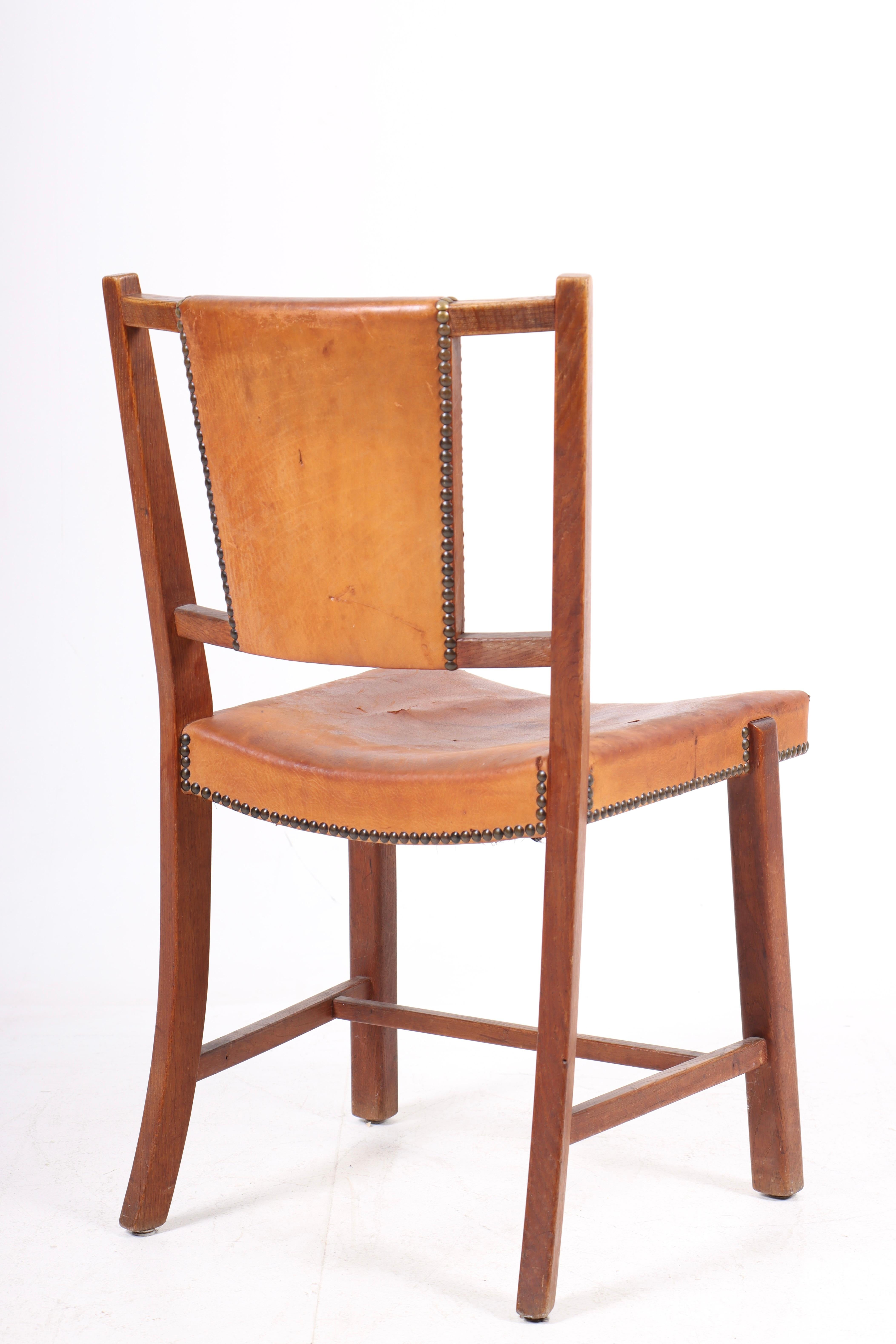 Danish Side Chair in Patinated Leather, 1940s For Sale 1