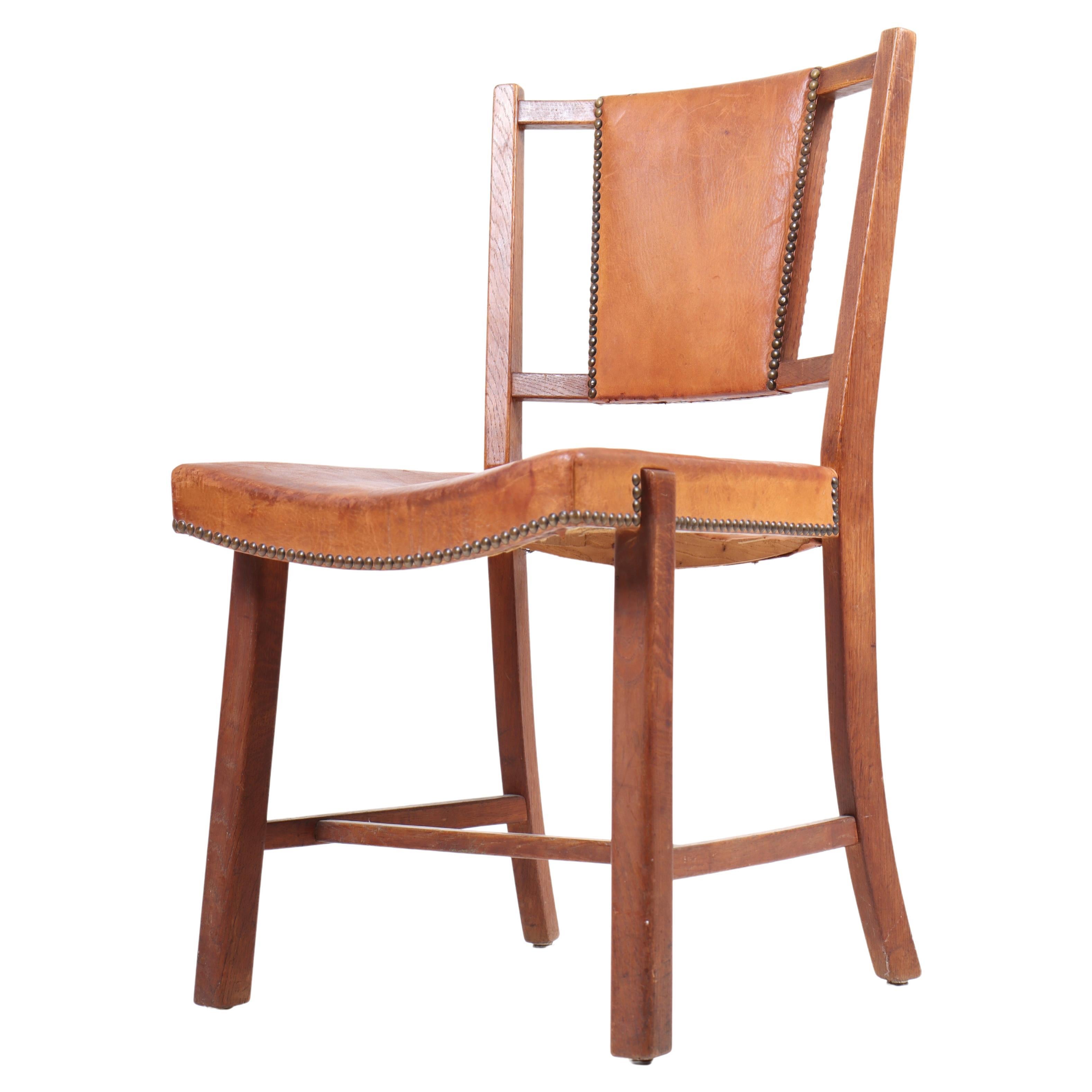 Danish Side Chair in Patinated Leather, 1940s