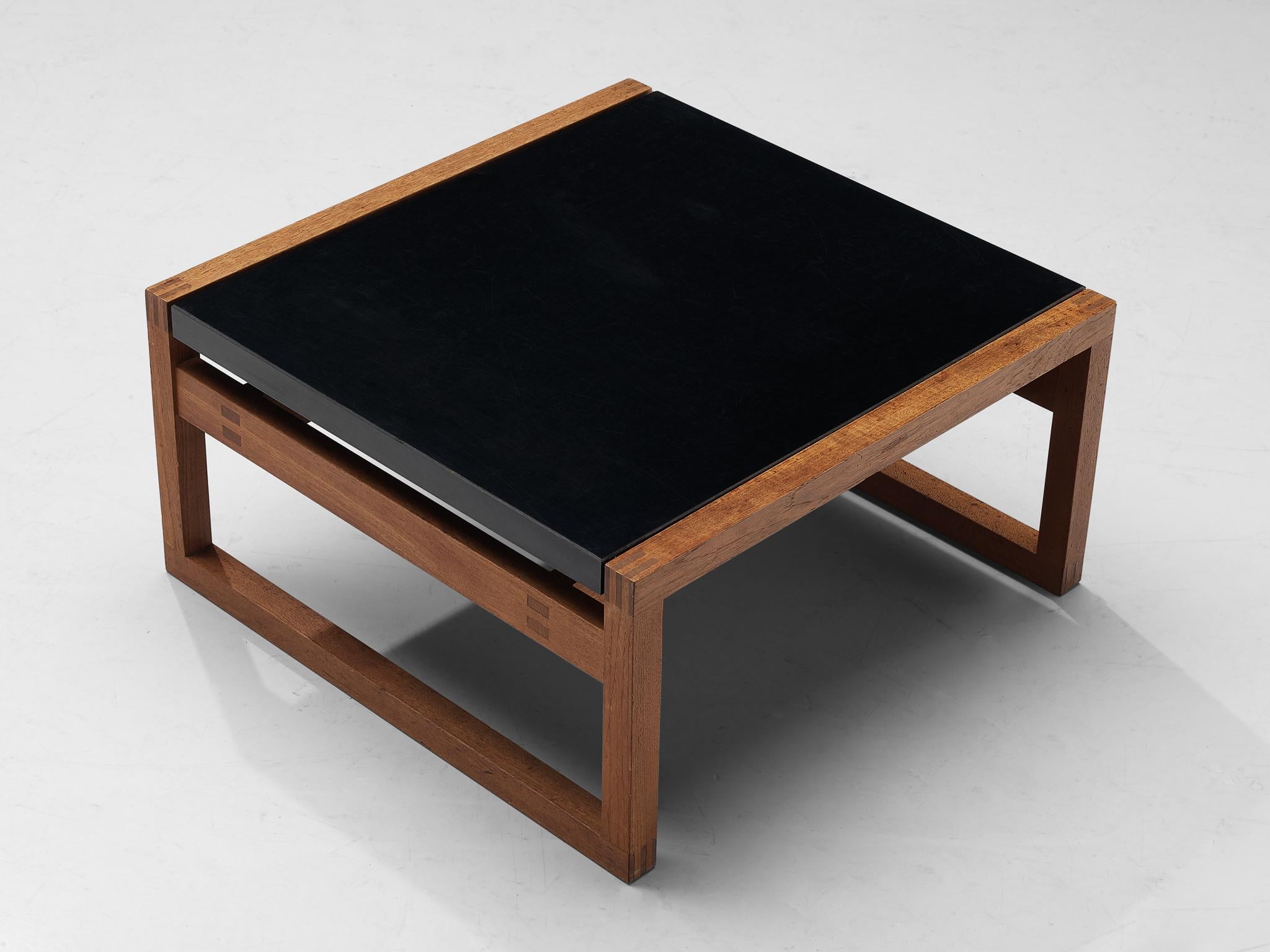 Side table, teak, lacquered wood, Denmark, 1970s 

This coffee table is characterized by a strong and solid construction executed in teak. This is realized by the sharp and clear lines which are visible in the corners and the rectangular top. A nice