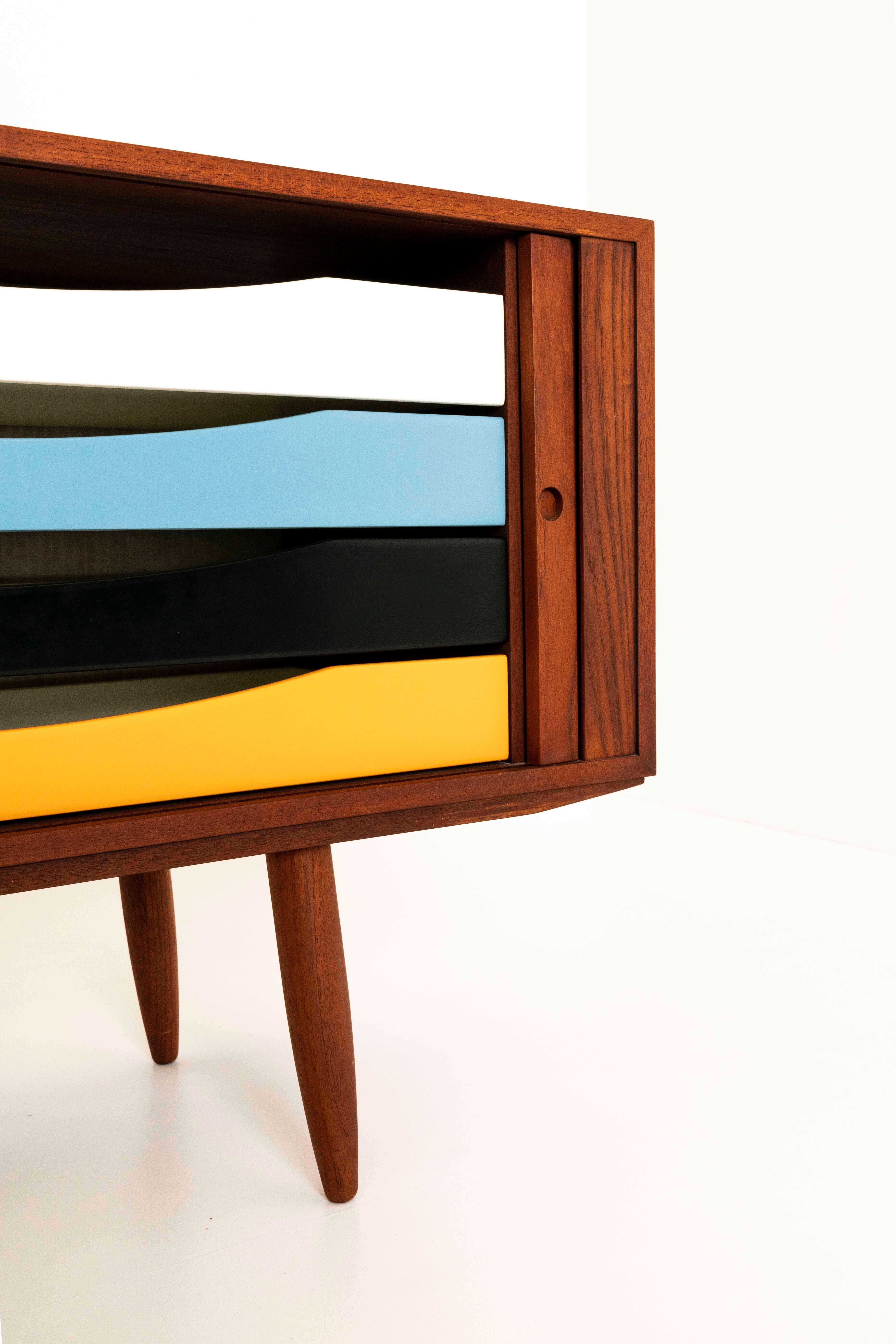 Danish Sideboard in Teak by Bruno Hansen with Colored Drawers For Sale 7