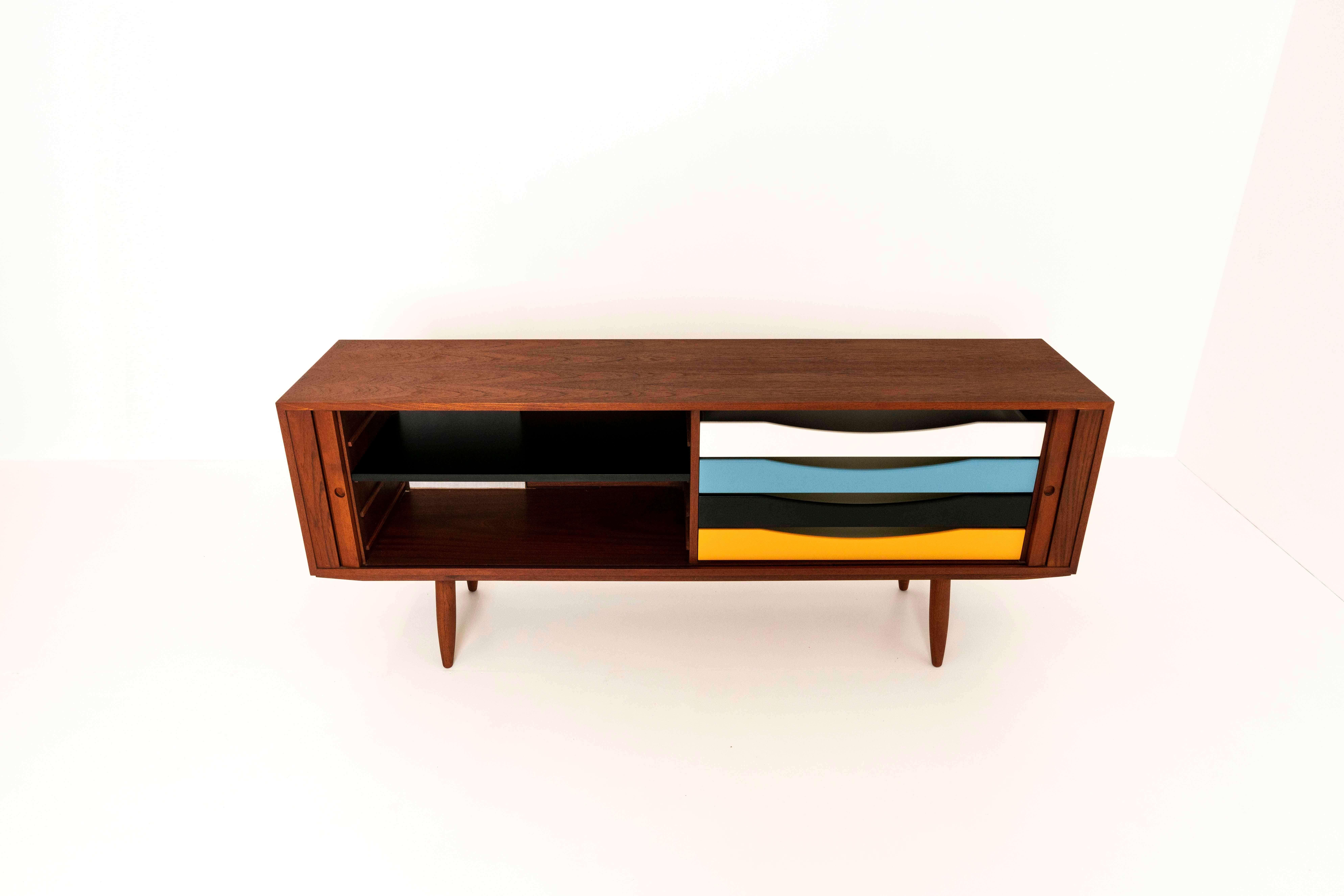 Danish Sideboard in Teak by Bruno Hansen with Colored Drawers In Excellent Condition For Sale In Hellouw, NL
