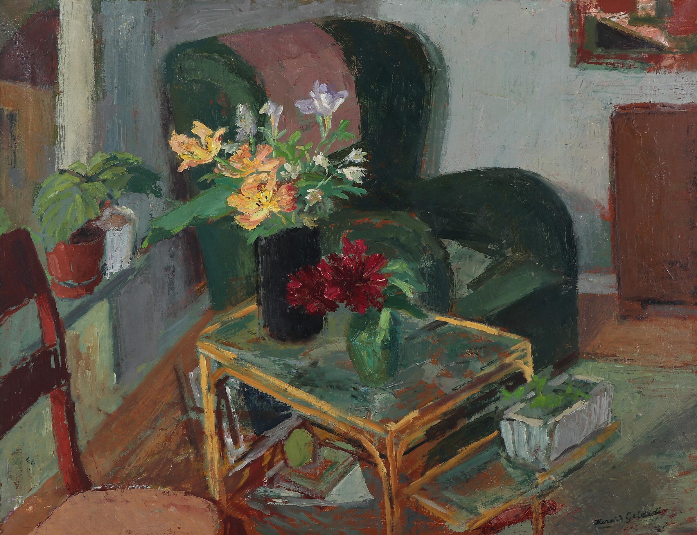 A very typical Danish Interior with the modern touch.  Oil on canvas painting of an interior with armchair and floral arrangements. By Danish artist Herdis Gelardi b. Aalborg 1916, d. Copenhagen 1991. Signed lower right hand corner, dimensions