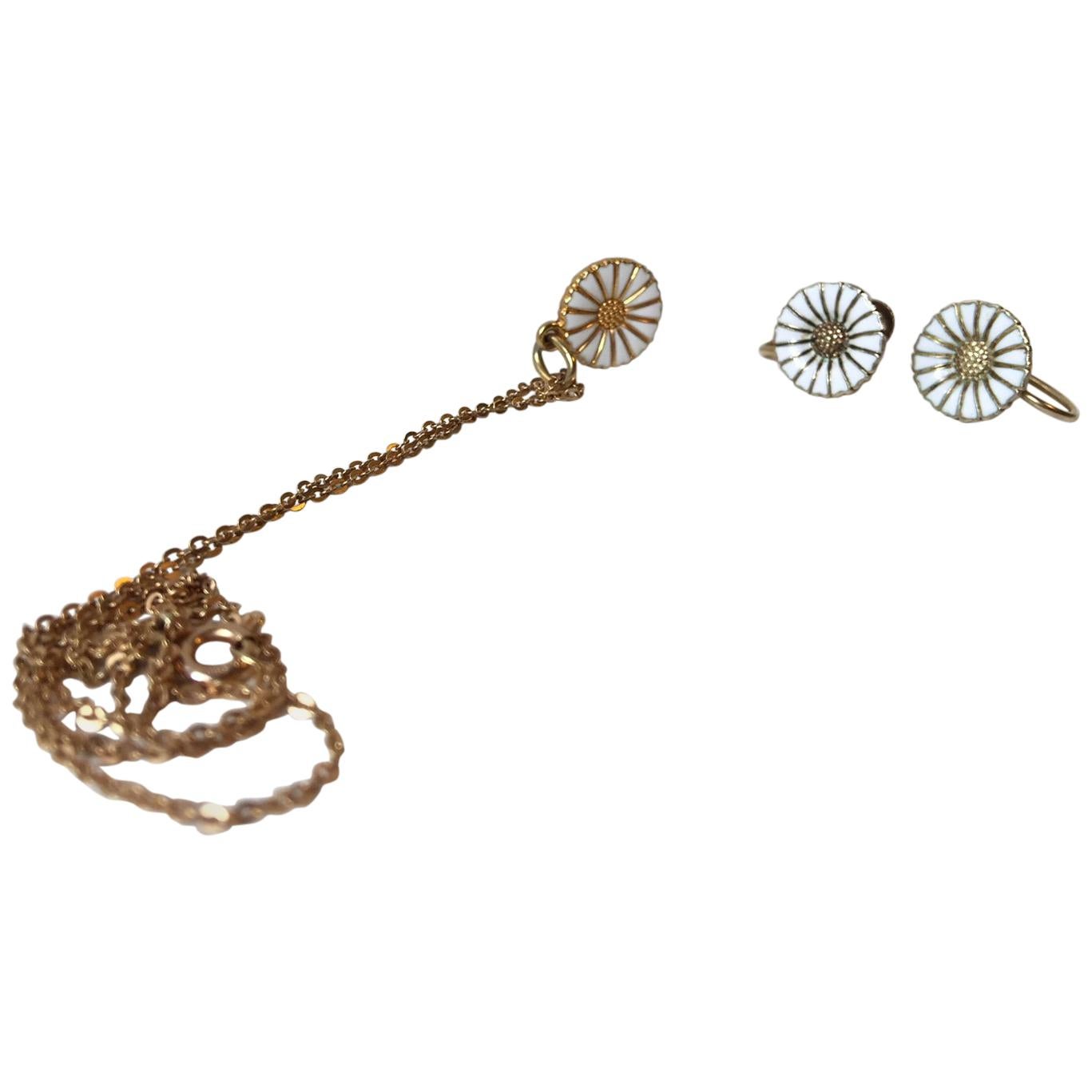 Danish Silver Daisy Ear Clips, Pendant and 14-Carat Chain by Bernhard Hertz  at 1stDibs