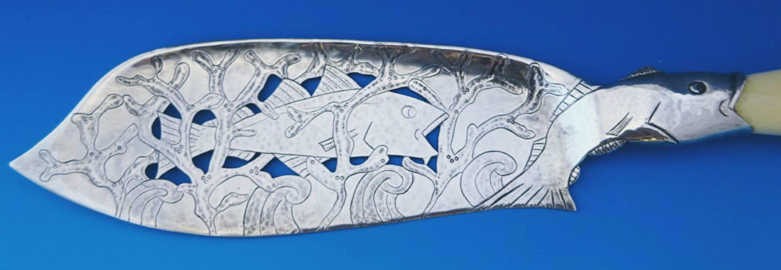 20th Century Danish Silver Fish Set 2pc Hammered with Engraved Stylized Jellyfish Moonstones
