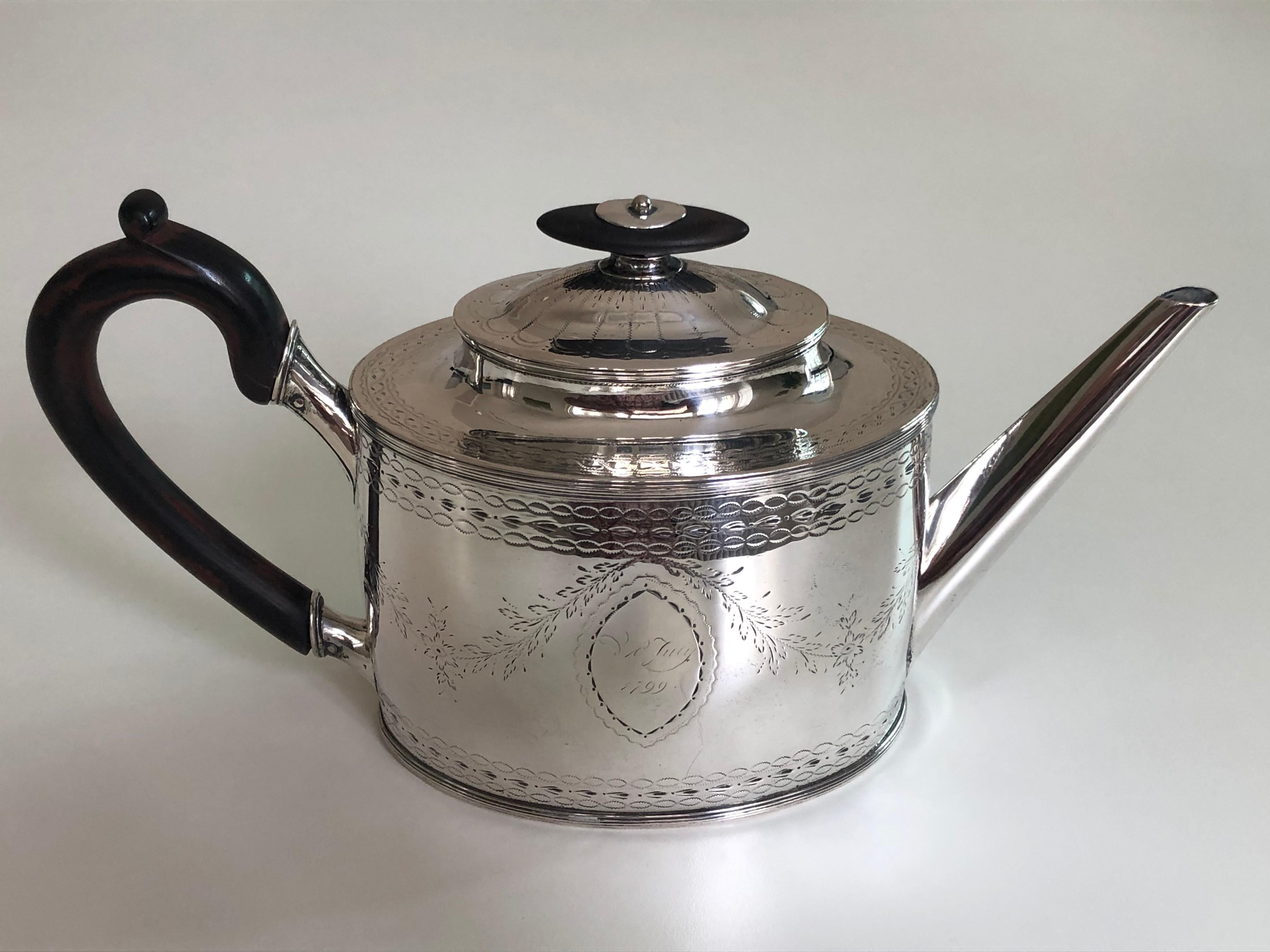 The period Copenhagen made Louis XVI silver pot has an amazing oval shape with ebony handle and finial, topped of with silver tip.
The tea pot is clearly struck hallmarks on the base with the necessary marks:
Maker's mark: ‘BG’ for Bendix Gijsen,