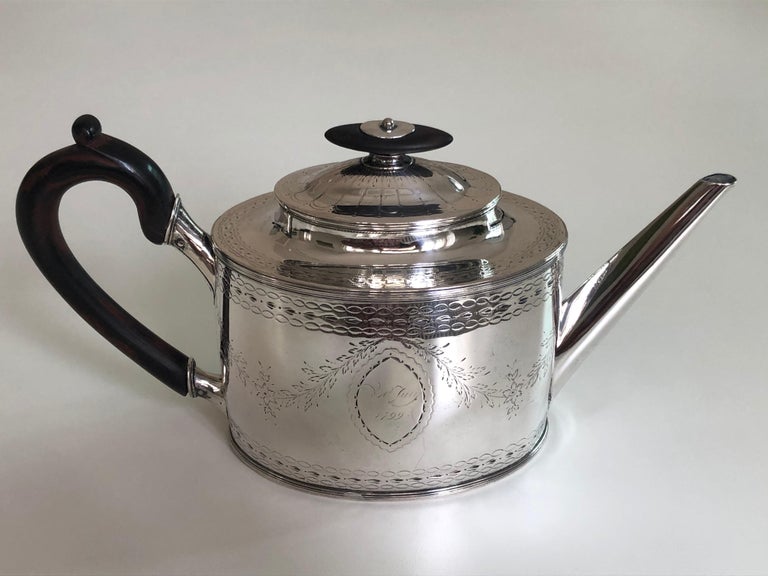 The period Copenhagen made Louis XVI silver pot has an amazing oval shape with ebony handle and finial, topped of with silver tip.
The tea pot is clearly struck hallmarks on the base with the necessary marks:
Maker's mark: ‘BG’ for Bendix Gijsen,