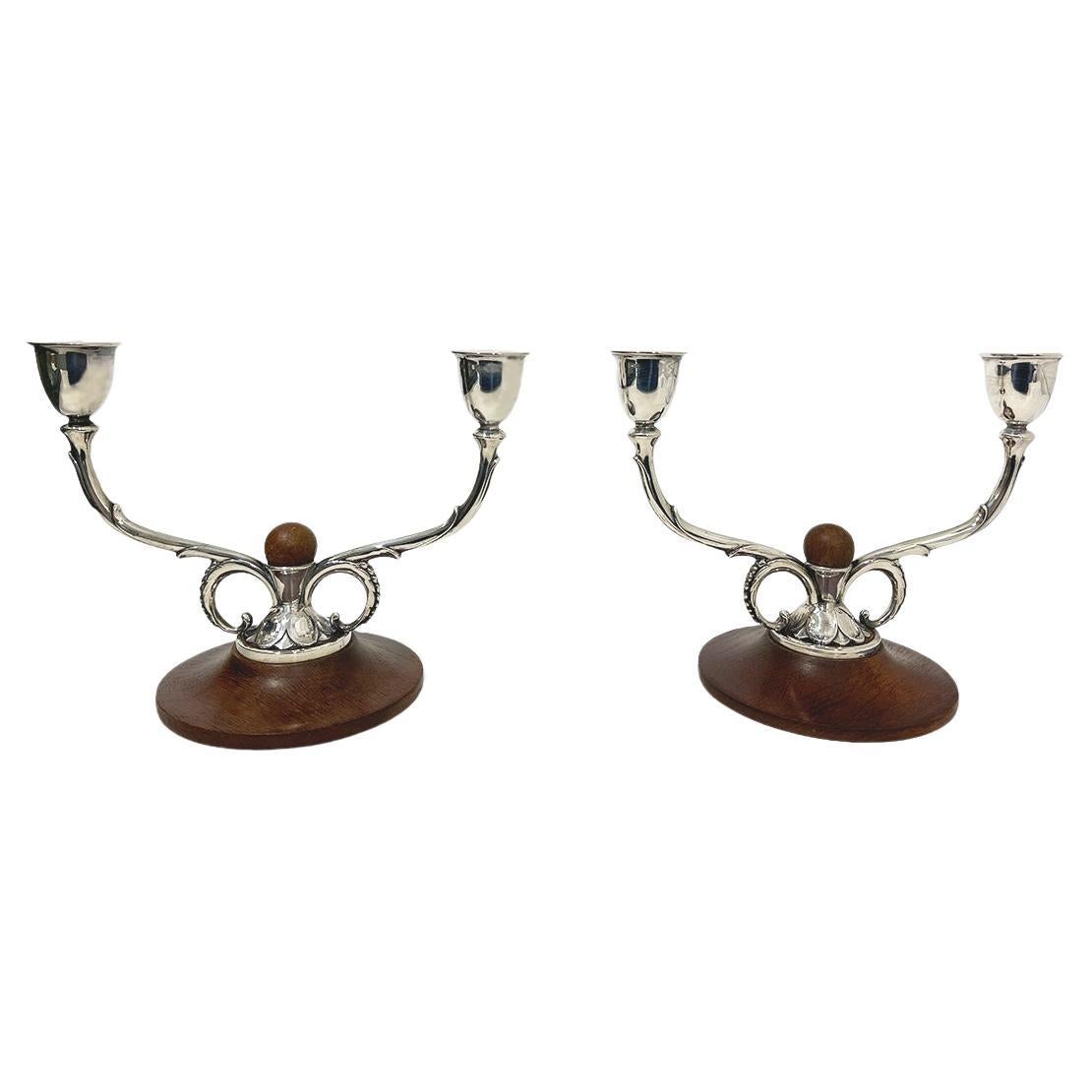 Danish Silver Two Light Candelabras, by A. Dragsted for Johannes Siggaard, 1943 For Sale