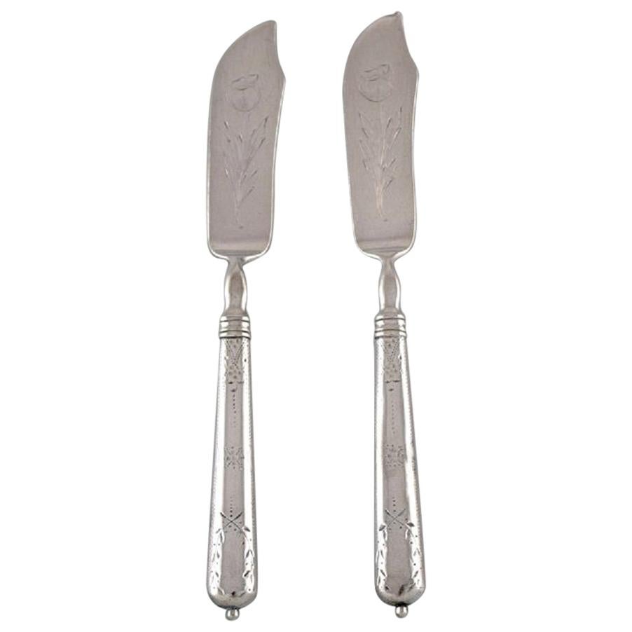 Danish Silversmith, Two Antique Fish Knives in Silver 830, with Flower Chisels For Sale