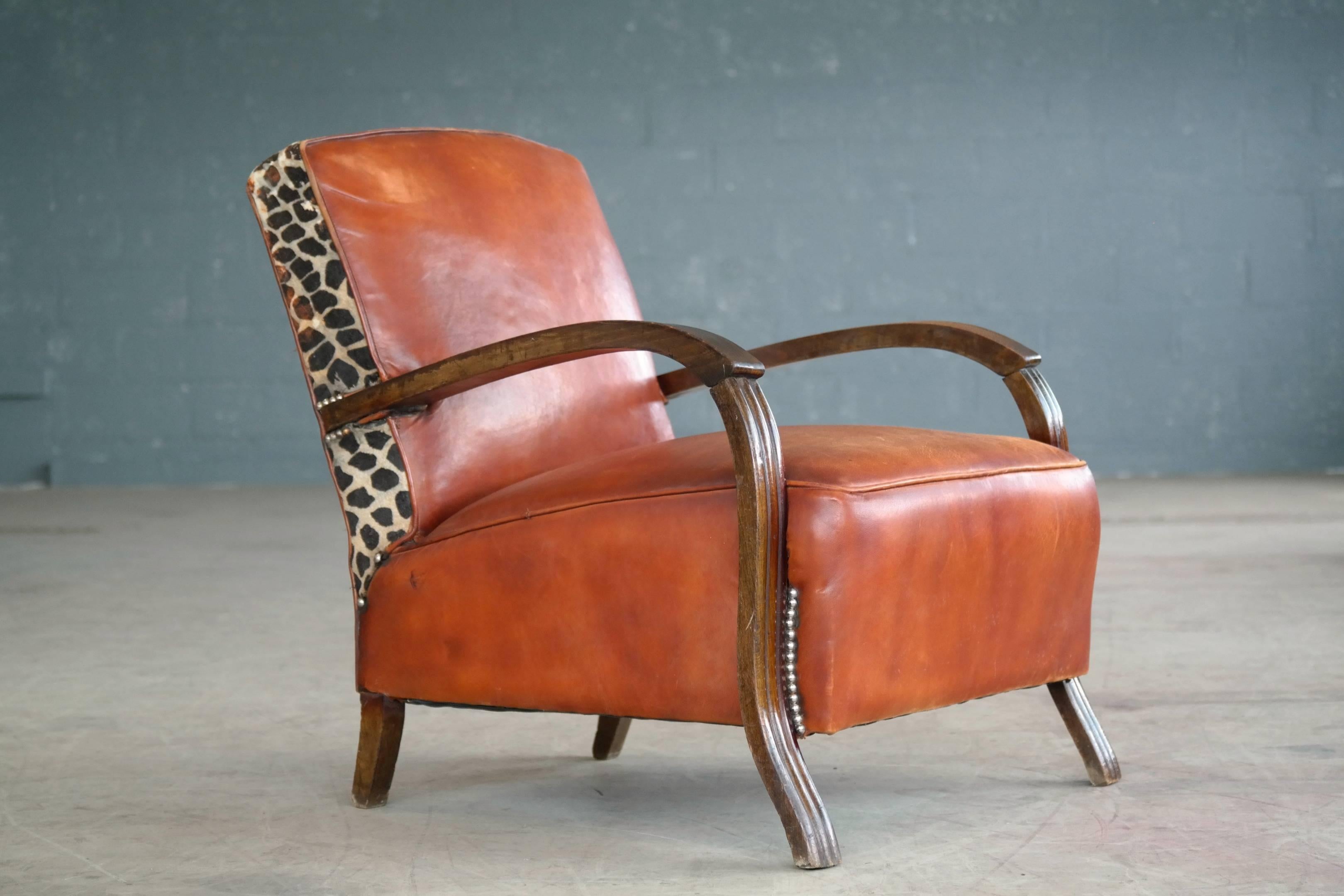 Art Deco Danish Small Lounge Chair in Cognac Leather and Brass and Leopard Accents, 1930s