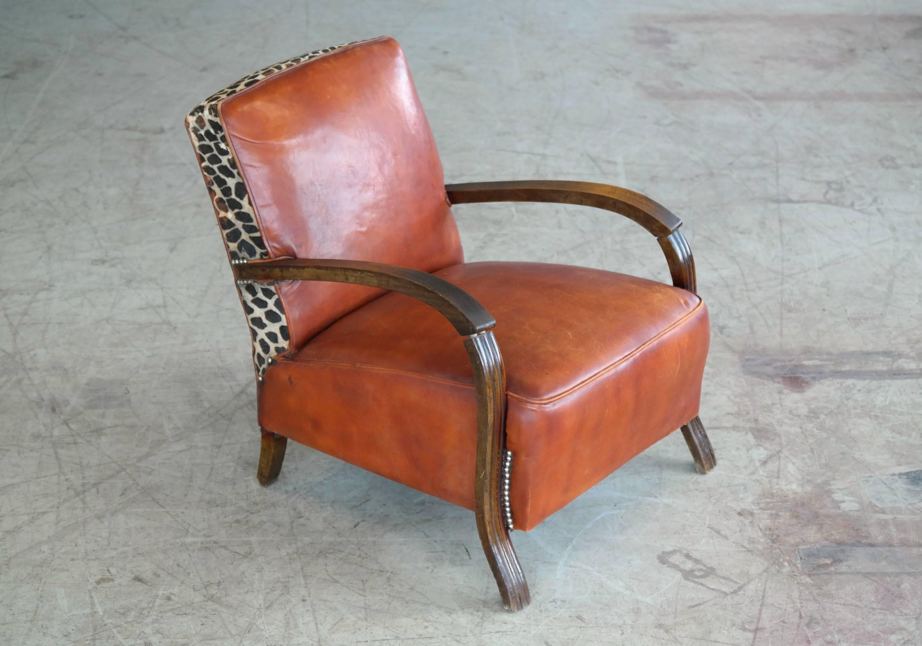 Danish Small Lounge Chair in Cognac Leather and Brass and Leopard Accents, 1930s 1