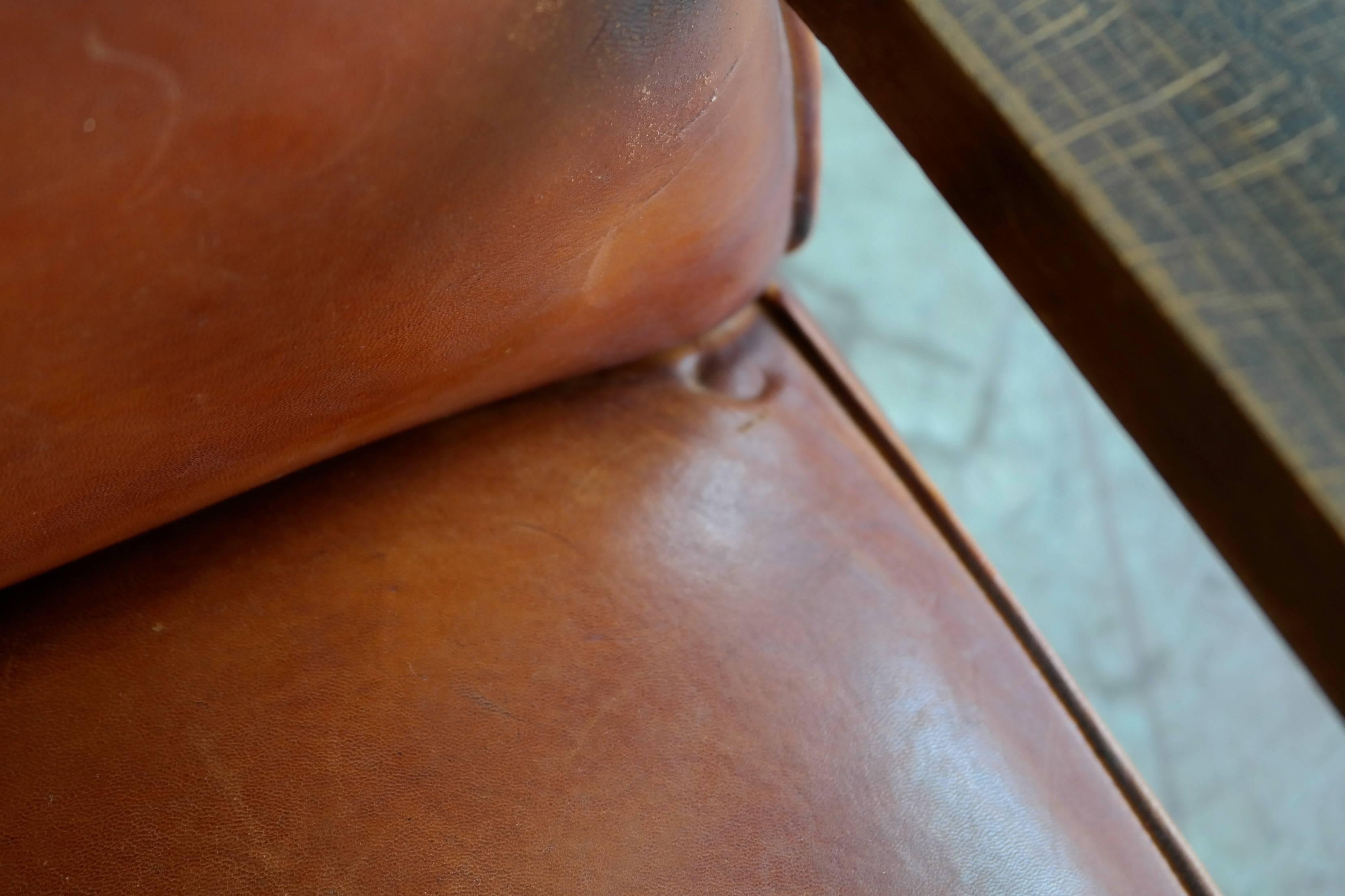 Danish Small Lounge Chair in Cognac Leather and Brass and Leopard Accents, 1930s 4