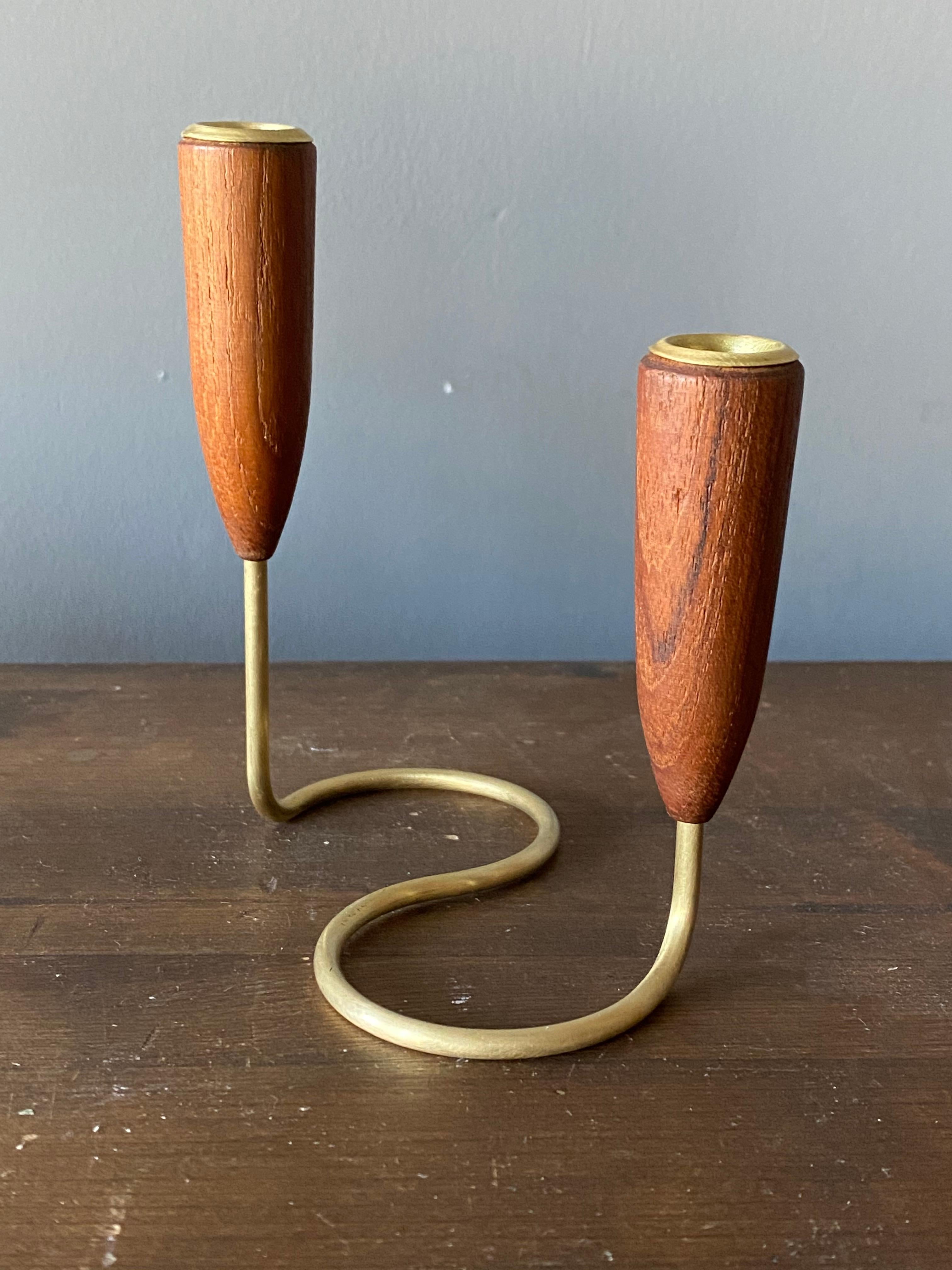 Mid-Century Modern Danish, Small Organic Candlestick / Candleholder, Brass, Teak, Denmark, 1950s