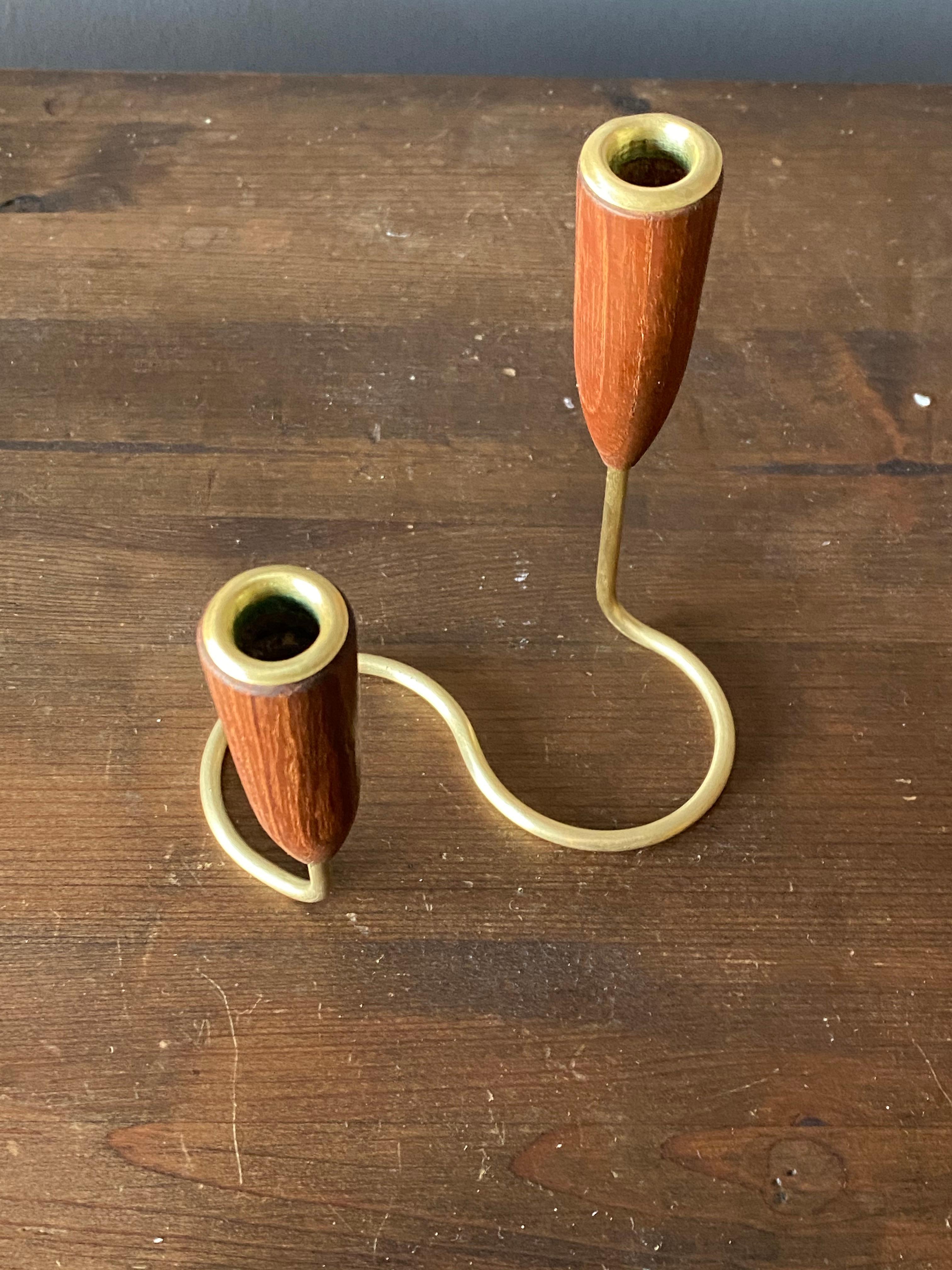 Danish, Small Organic Candlestick / Candleholder, Brass, Teak, Denmark, 1950s In Good Condition In High Point, NC