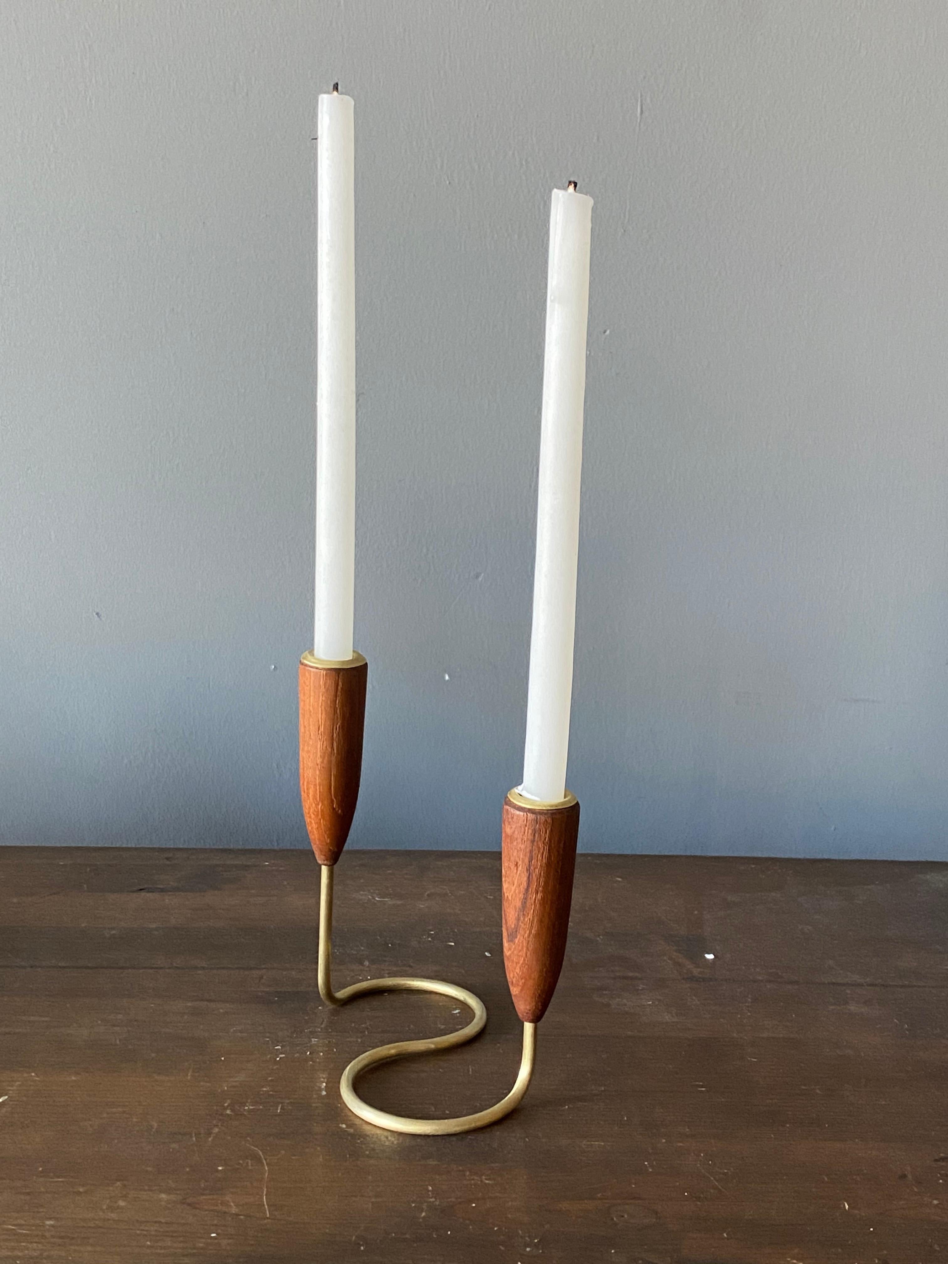 Mid-20th Century Danish, Small Organic Candlestick / Candleholder, Brass, Teak, Denmark, 1950s