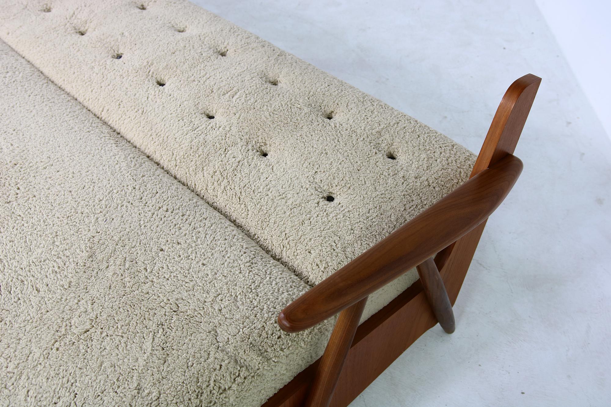 Mid-20th Century Danish Sofa, 1950s Extendable Daybed, Pine & Beechwood, Faux Fur Sheepskin Teak