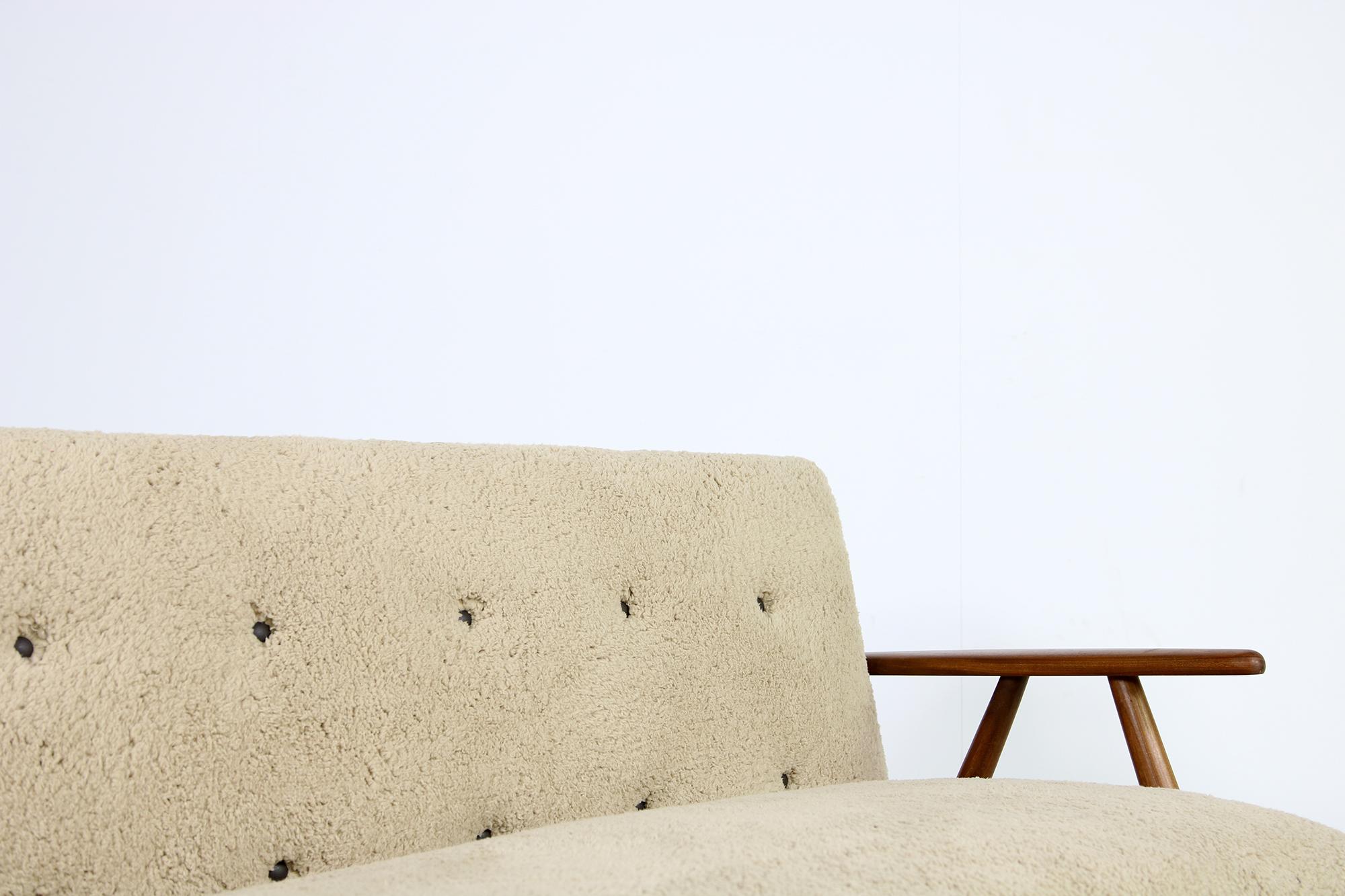 Danish Sofa, 1950s Extendable Daybed, Pine & Beechwood, Faux Fur Sheepskin Teak 1