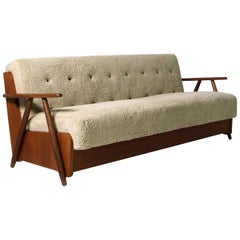 Danish Sofa, 1950s Extendable Daybed, Pine & Beechwood, Faux Fur Sheepskin Teak