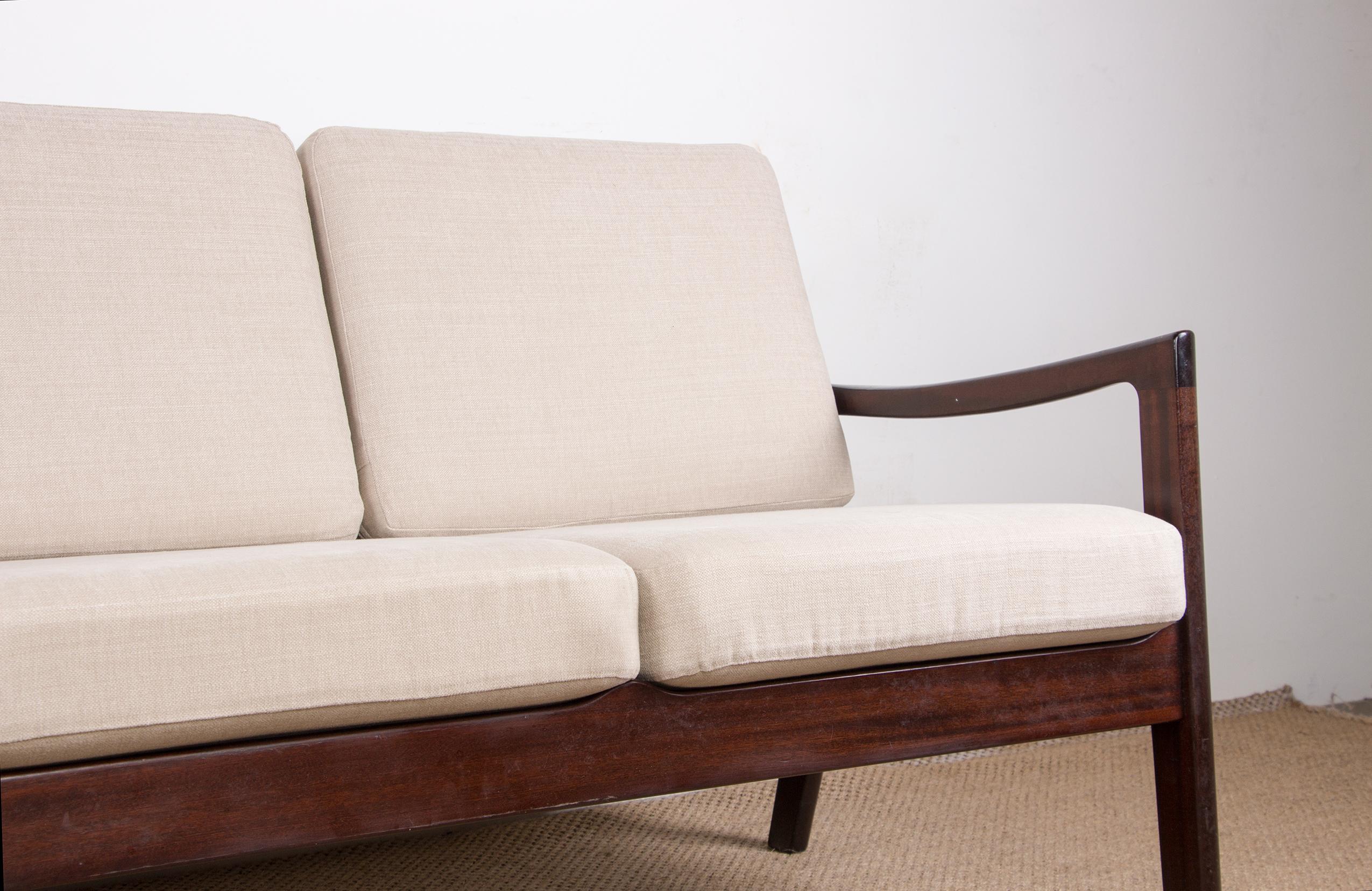 Scandinavian Modern Danish Sofa, 3 Seats, Senator Model in Mahogany and New Fabric by Ole Wanscher For Sale