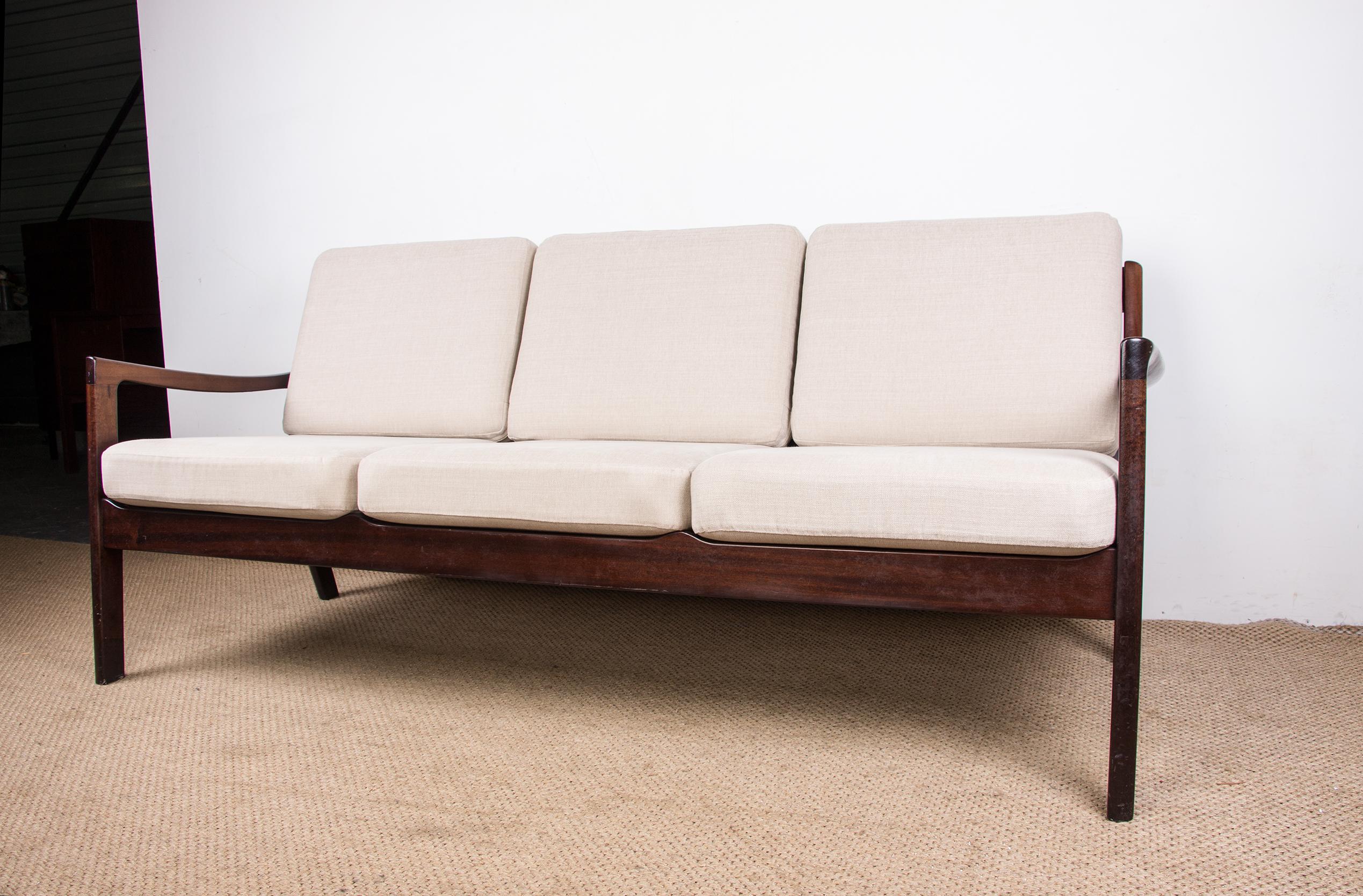 Mid-20th Century Danish Sofa, 3 Seats, Senator Model in Mahogany and New Fabric by Ole Wanscher For Sale