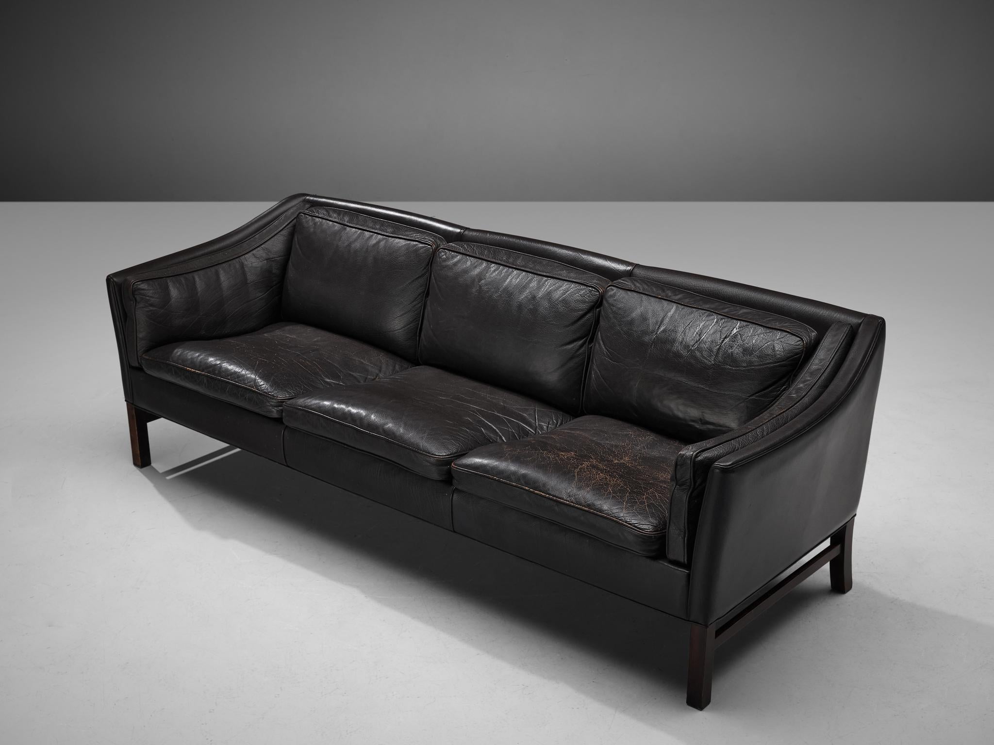 Danish Sofa in Black Leather In Good Condition In Waalwijk, NL