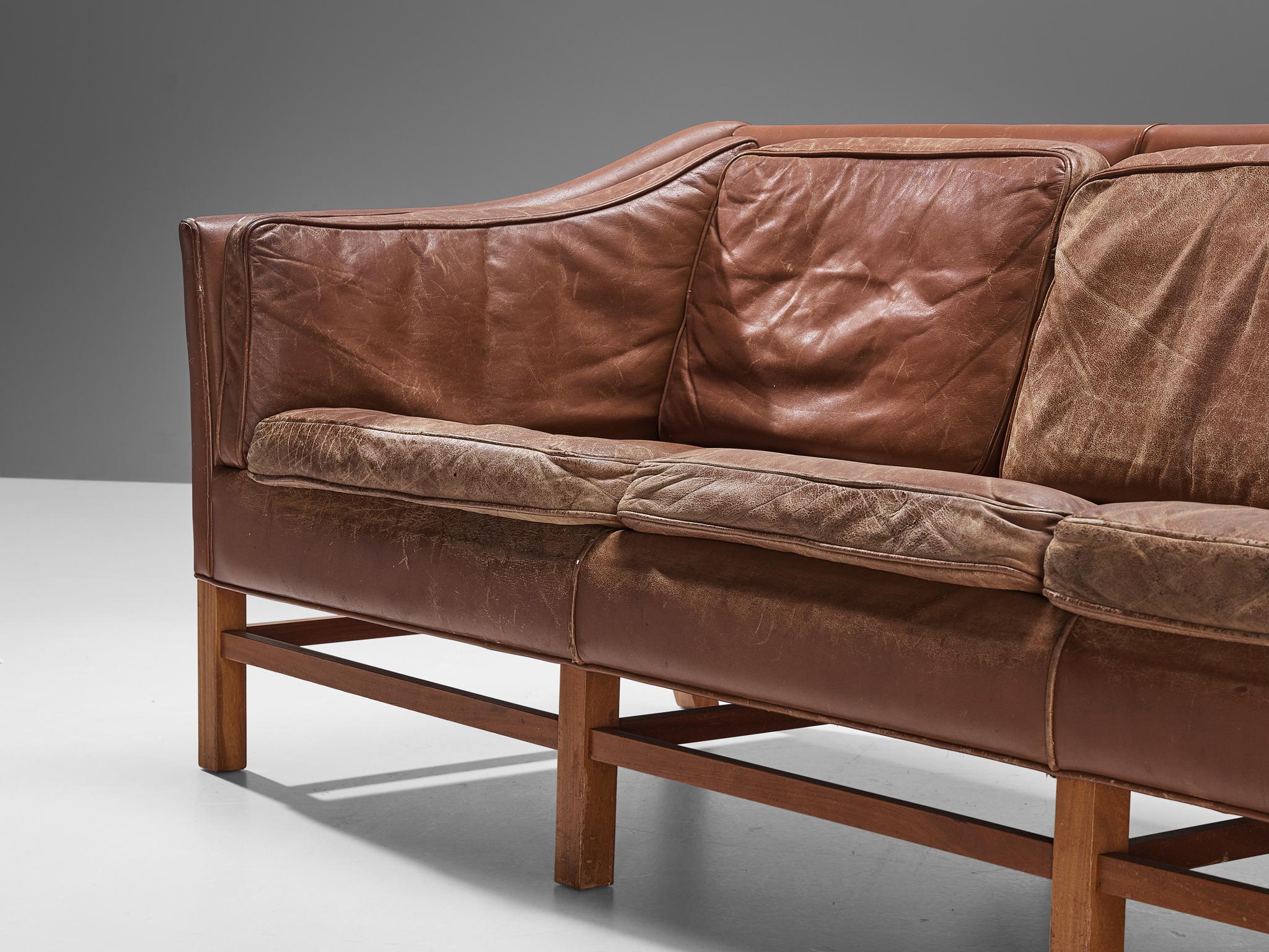 Danish Sofa in Brown Leather and Mahogany For Sale 4