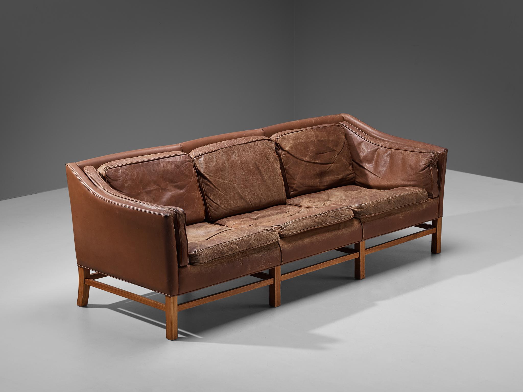 Sofa, brown leather, stained mahogany, Denmark, 1960s

This classic sofa of Danish origin features modest and subtle lines and shapes that emphasize the clear construction of the design. The sofa rests on a well-proportioned base that lifts the