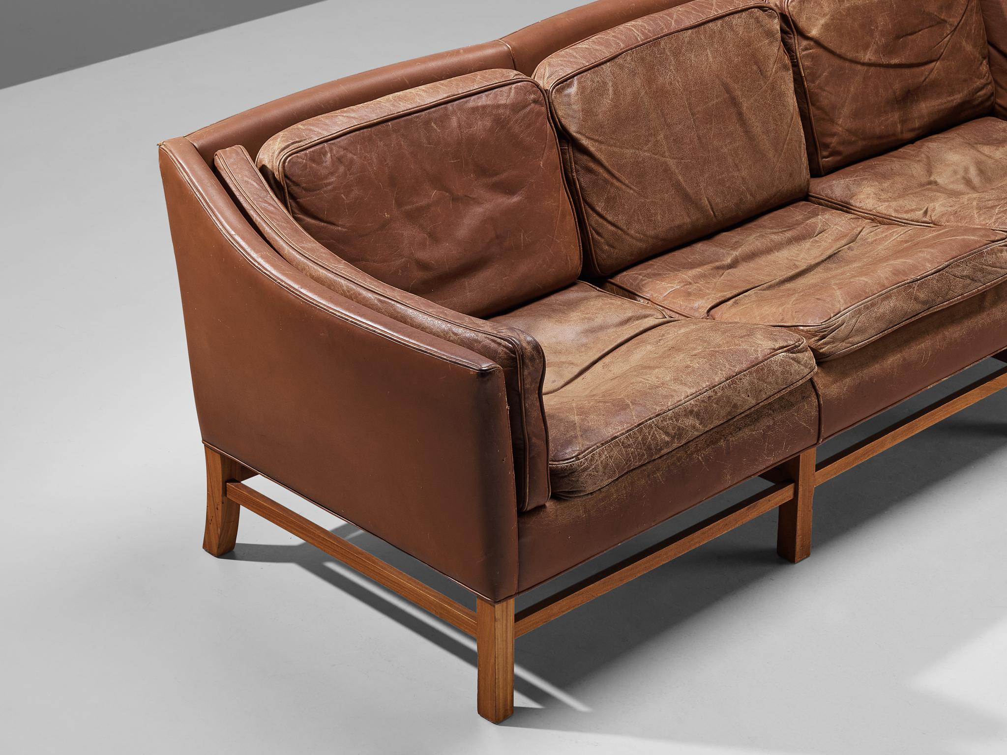 Scandinavian Modern Danish Sofa in Brown Leather and Mahogany For Sale