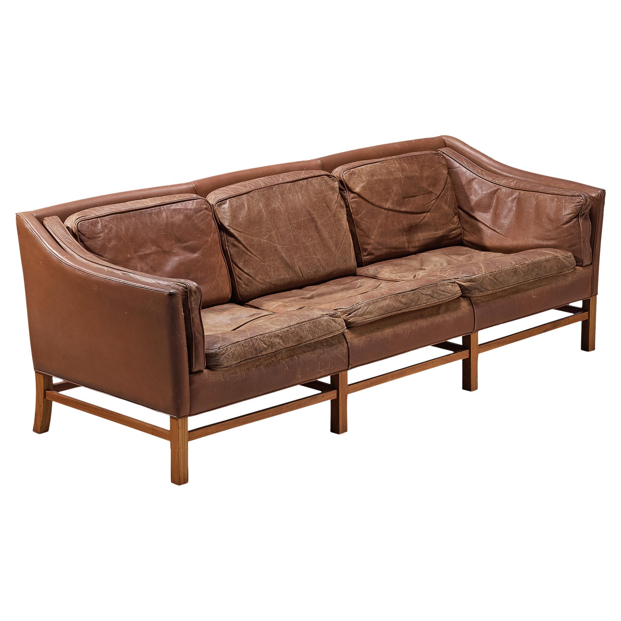 Danish Sofa in Brown Leather and Mahogany For Sale