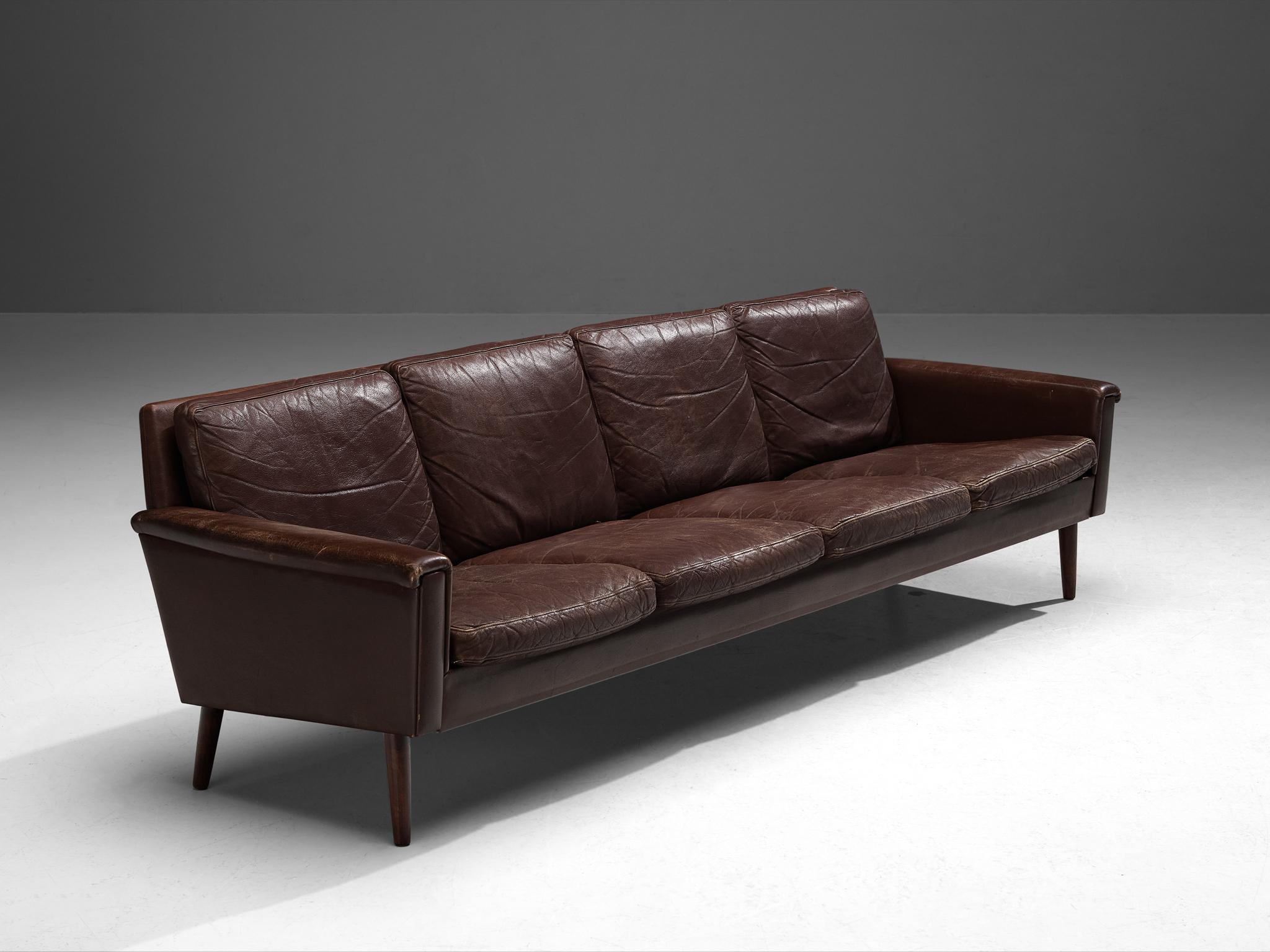 Scandinavian Modern Danish Sofa in Brown Leather and Teak For Sale