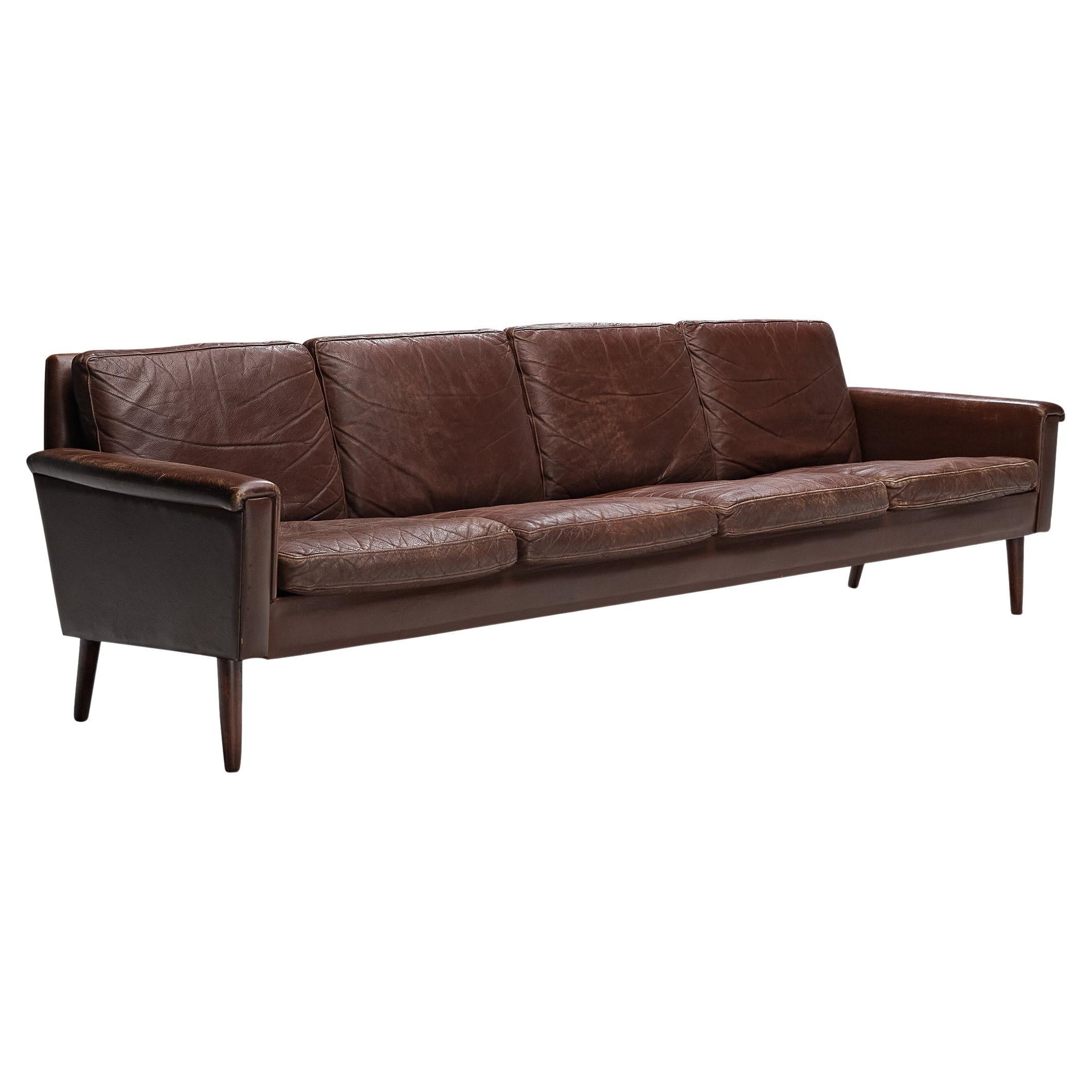 Danish Sofa in Brown Leather and Teak For Sale