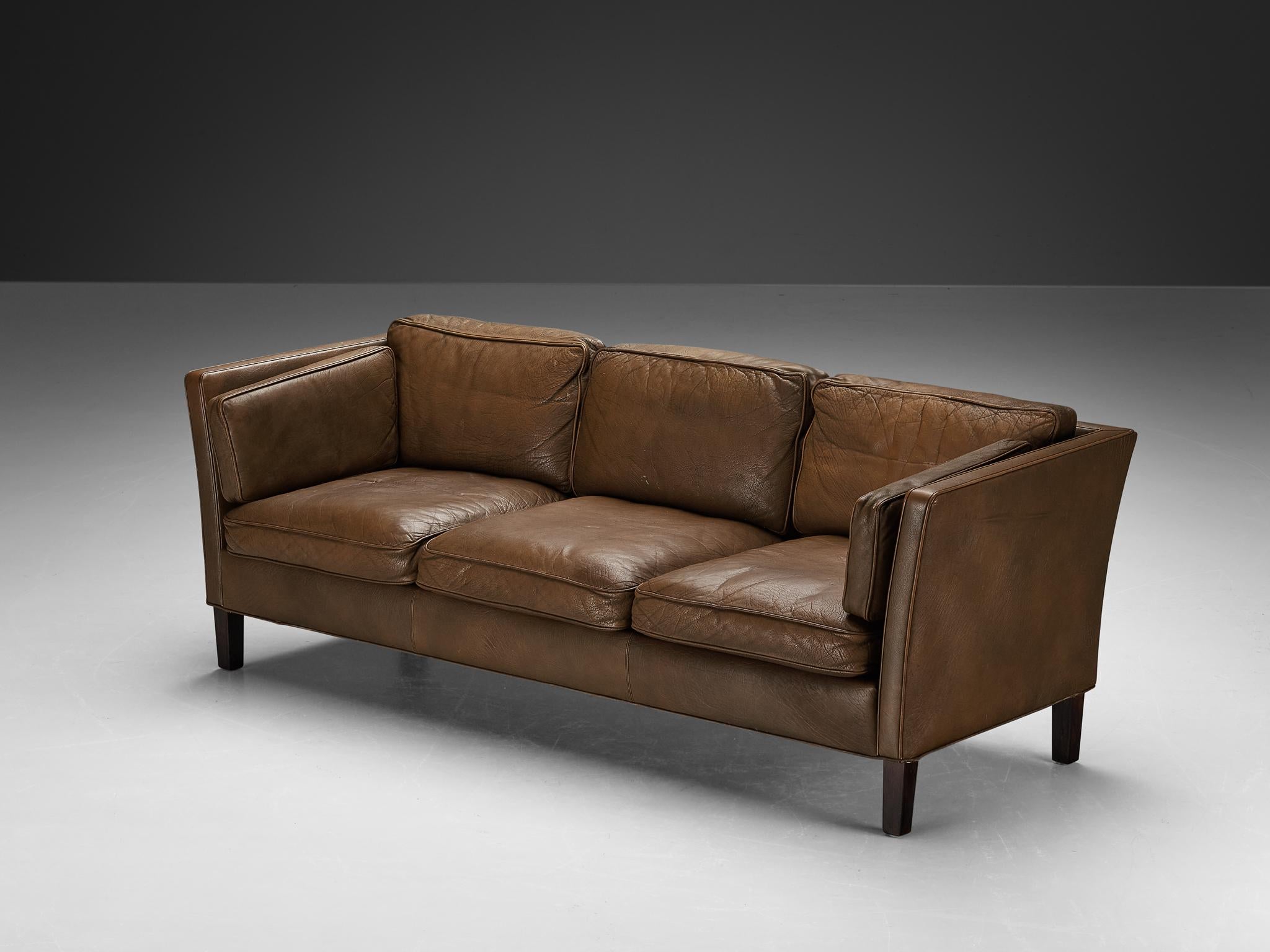 Sofa, leather, stained beech, Denmark, 1960s

This modern sofa embodies a distinct open layout and features the use of neutral materials. Characterized by simplicity, clarity, and a deliberate absence of ornamentation, the furniture piece stands as