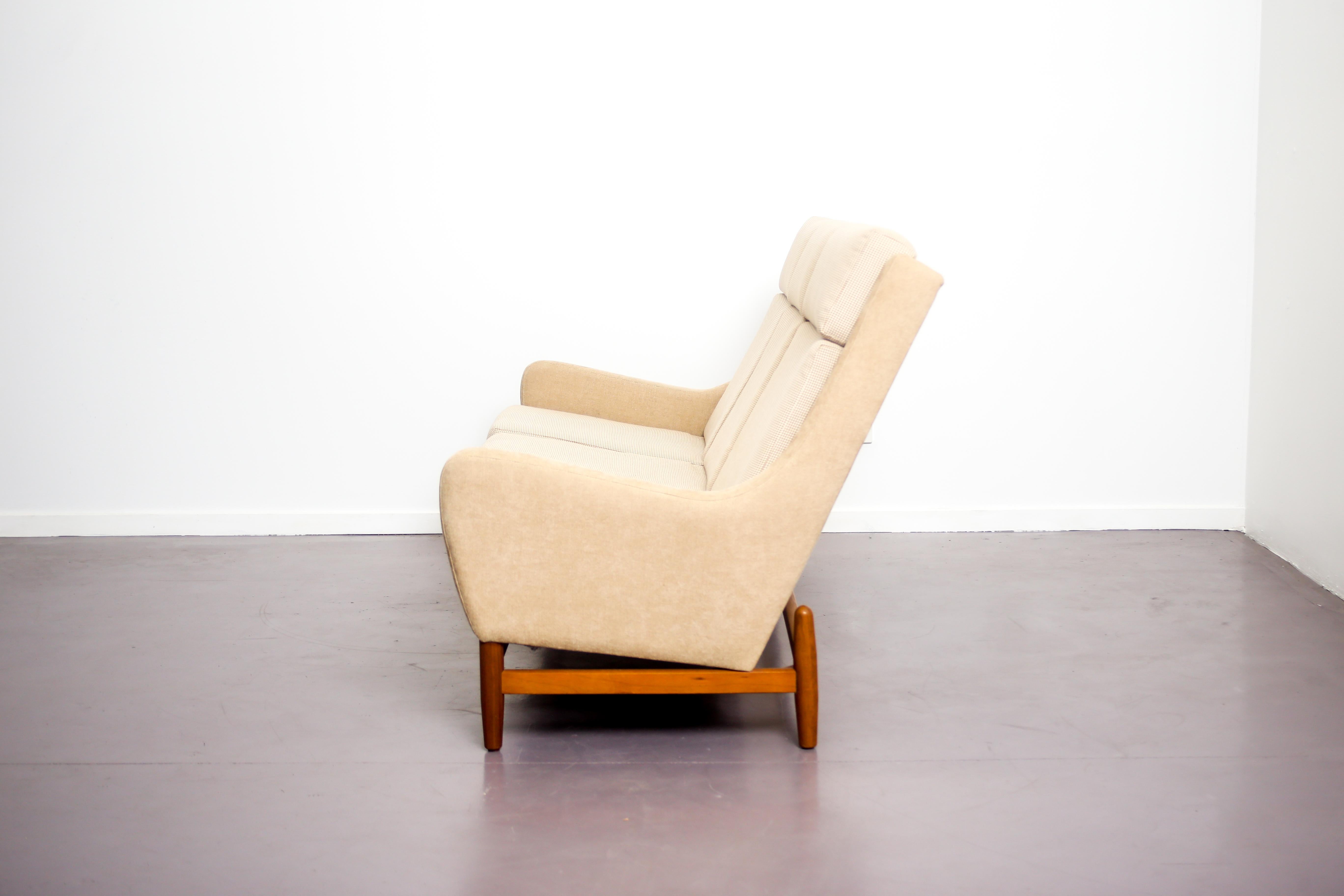 Fully restored Danish midcentury sofa three seats in cream color and teak.