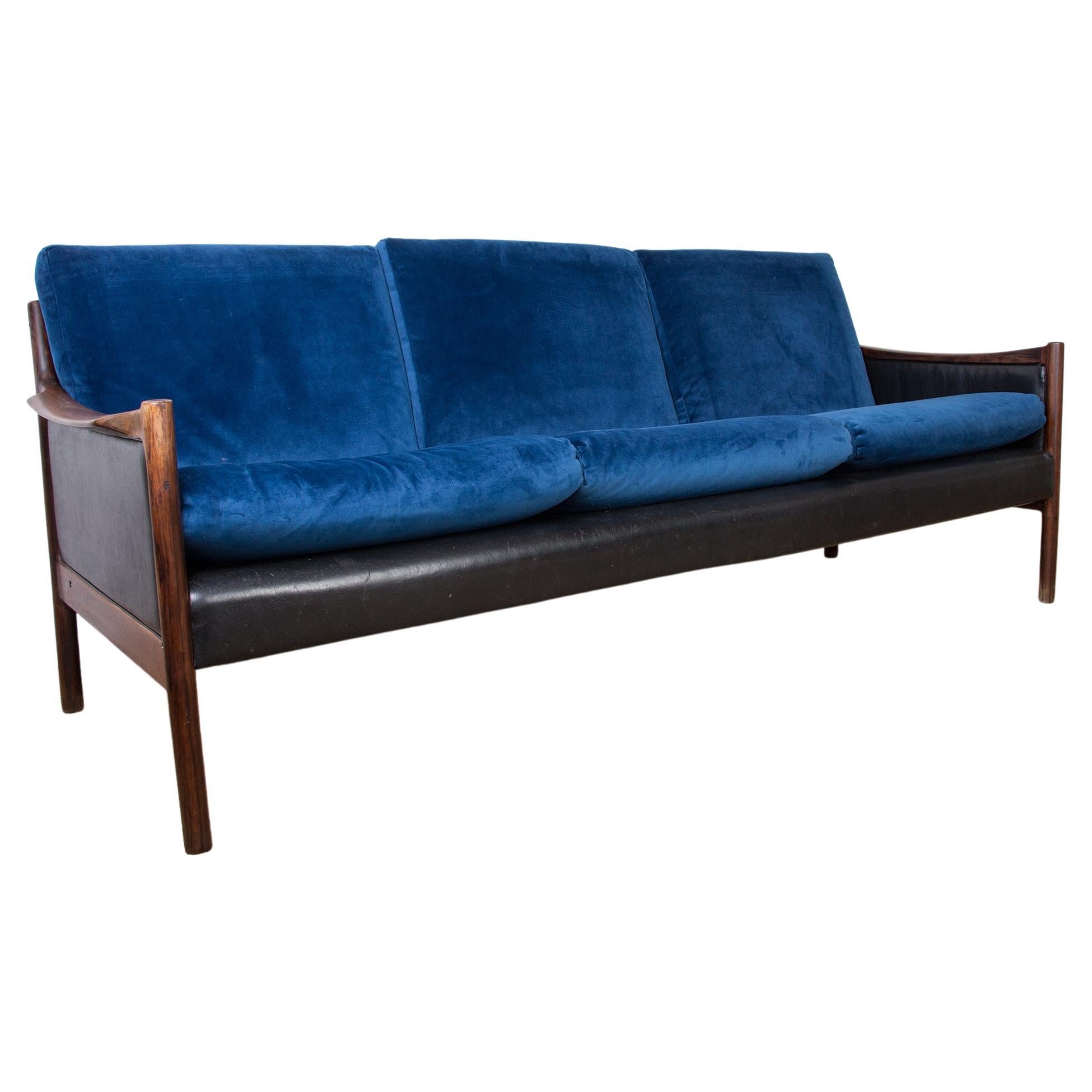 Danish Sofa in Rosewood, Leather and Fabric by Torbjorn Afdal for Bruksbo 1960