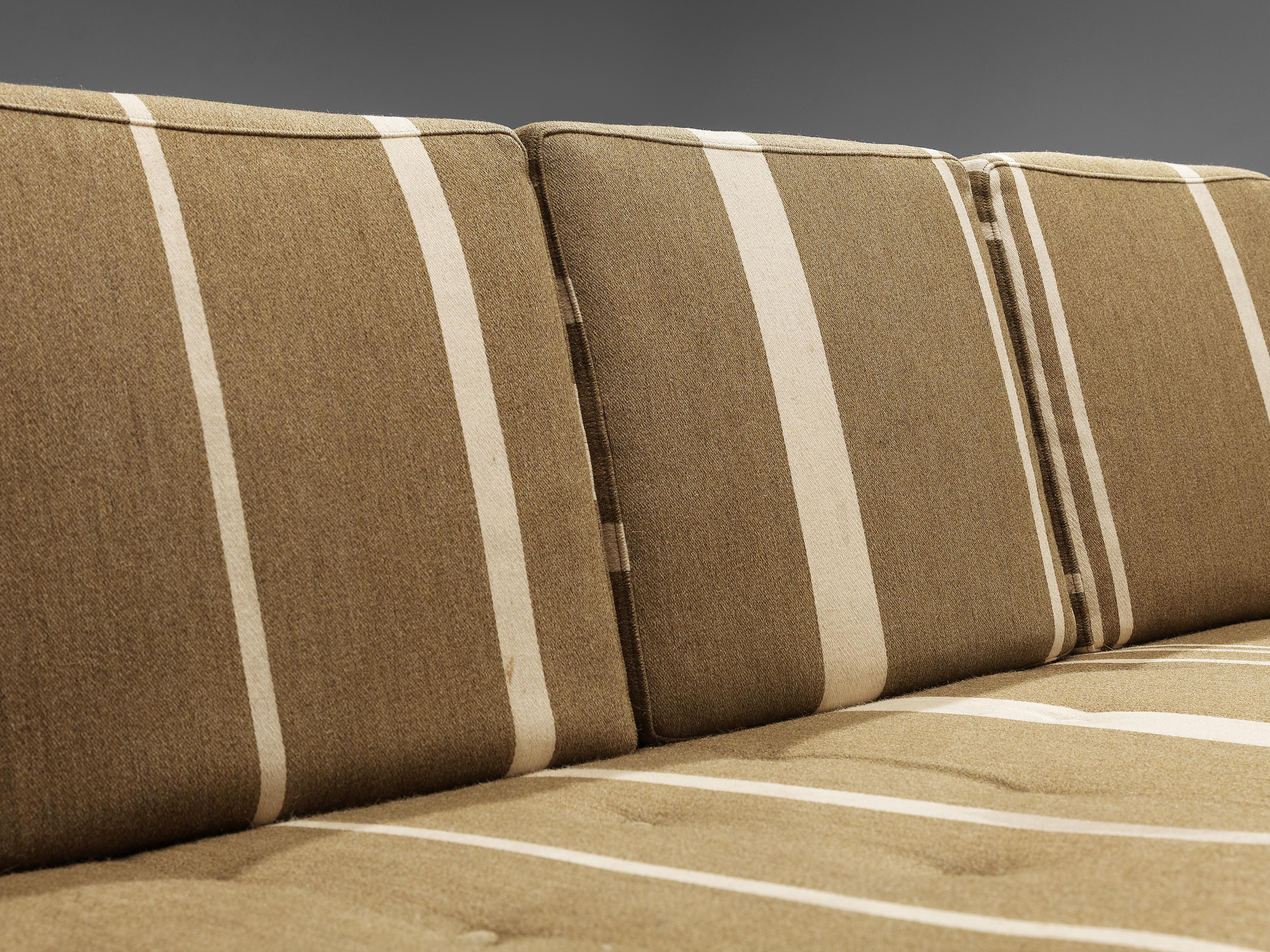 Scandinavian Modern Danish Sofa in Khaki Striped Upholstery
