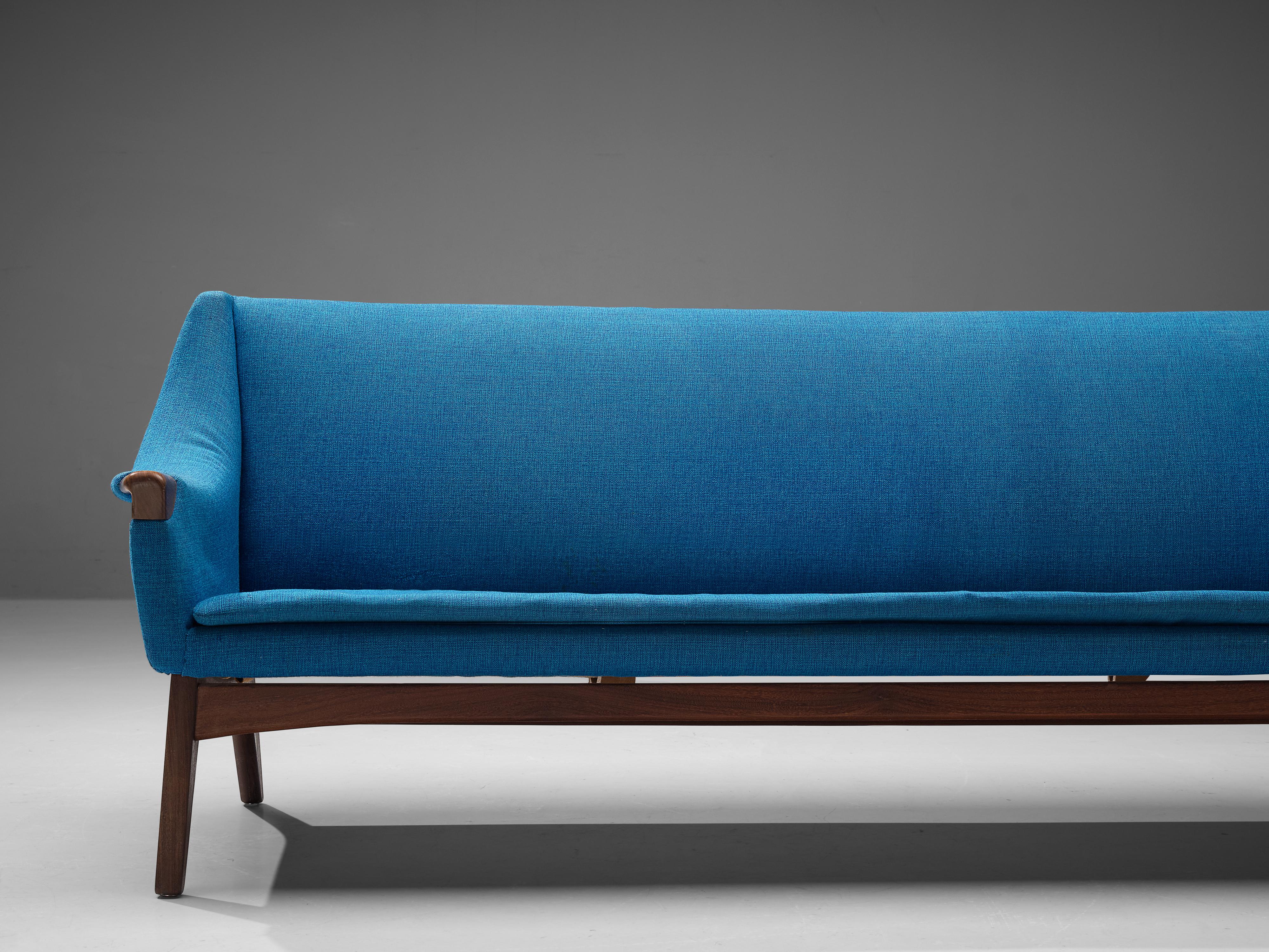 Fabric Danish Sofa in Teak and Blue Upholstery For Sale
