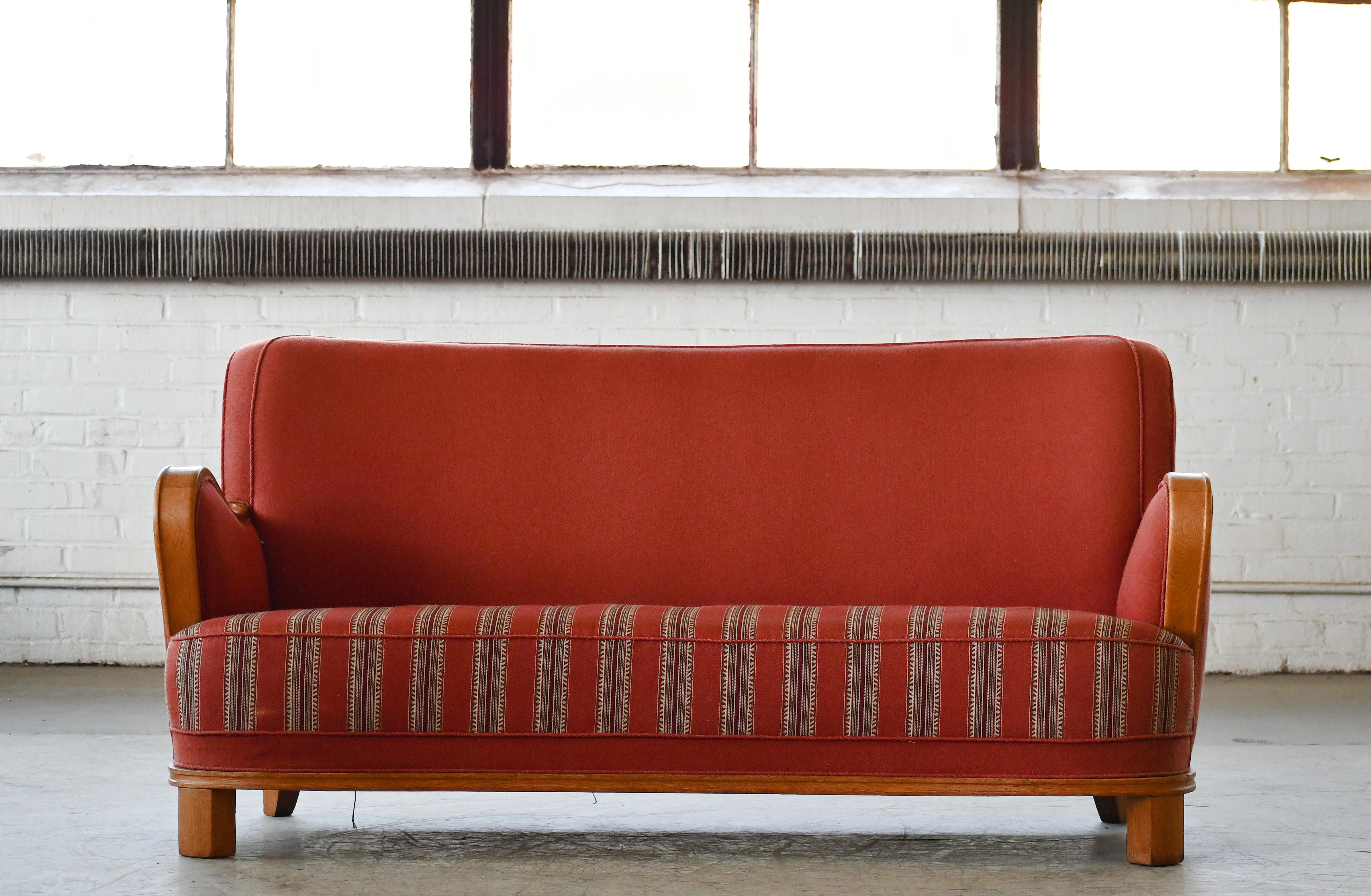 Mid-Century Modern Danish Sofa with Oak Armrest  1940's