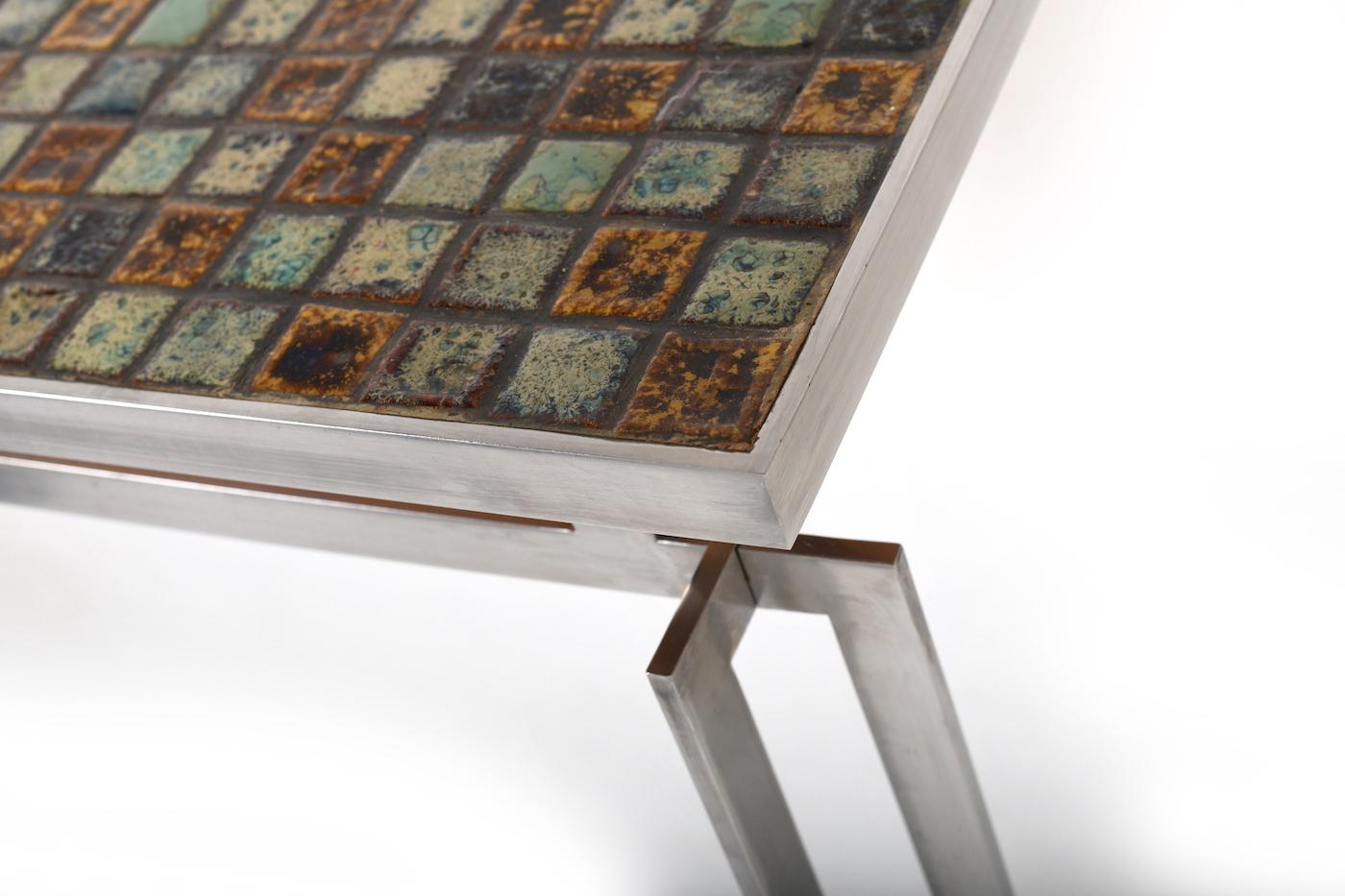 Danish Sofa Table with Tile Inlay and Chrome 1960s 5