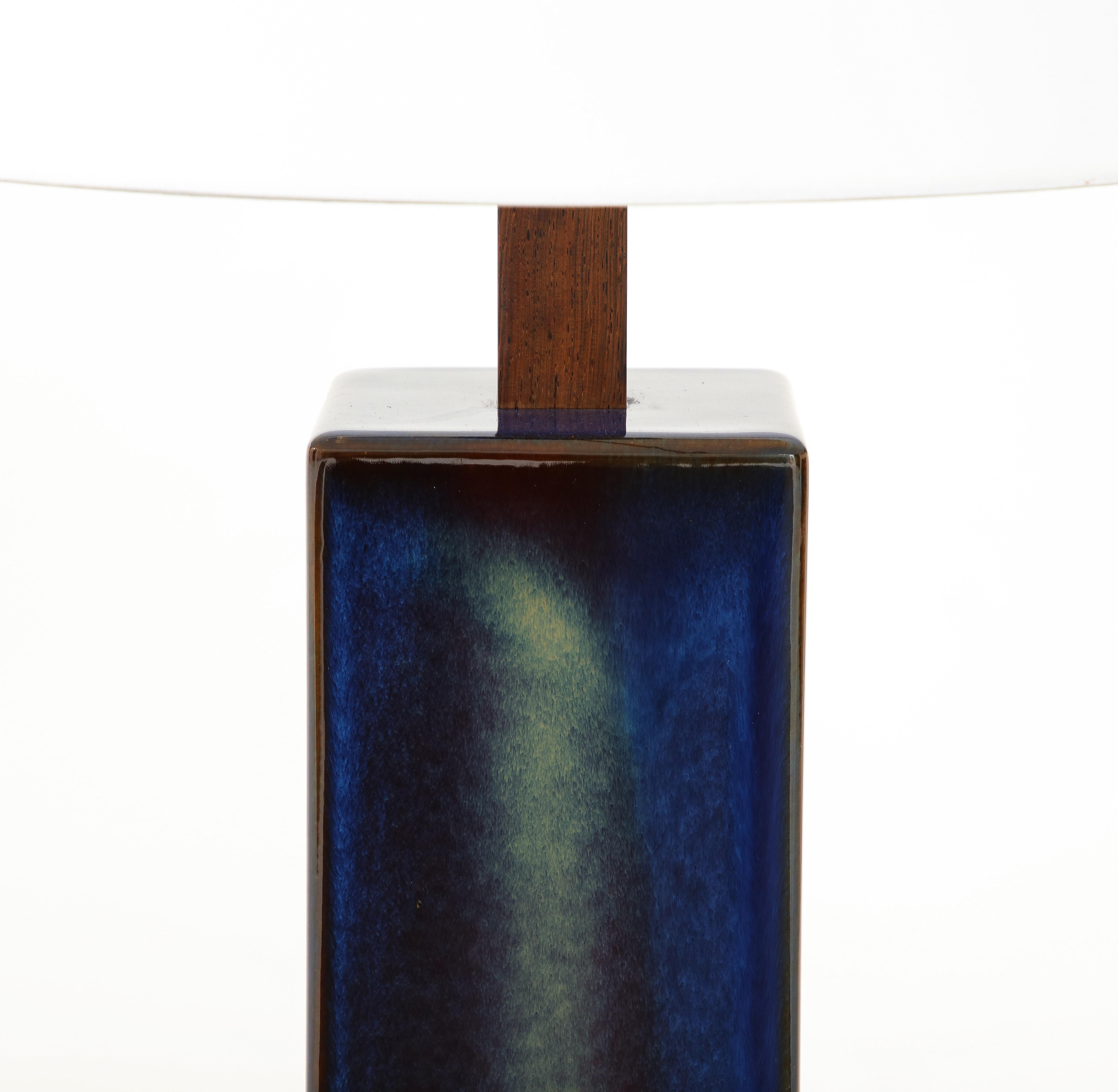 Danish Soholm Blue Lamp with Custom Shade, c. 1960 In Good Condition In Brooklyn, NY